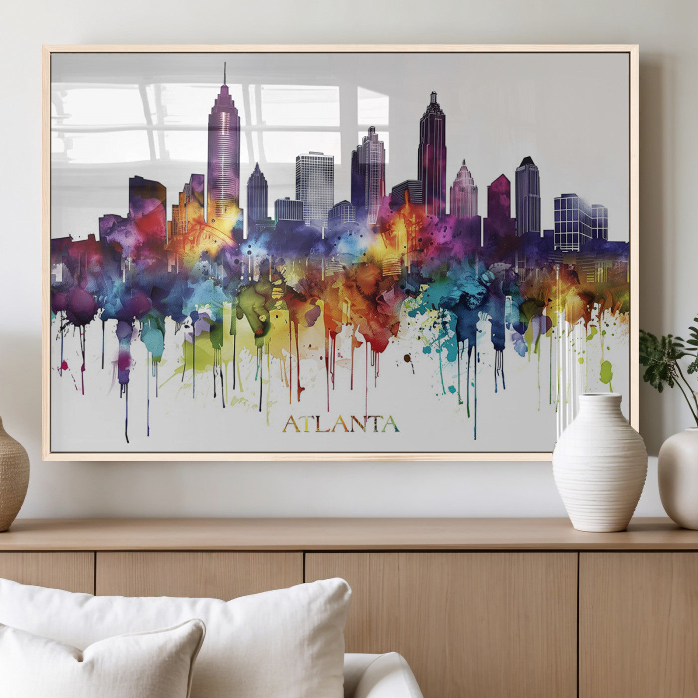 MGV-FP-60X30-3P - Atlanta Skyline Wall Art Print - Colorful Cityscape Watercolor Canvas - Abstract Urban Wall Decor -