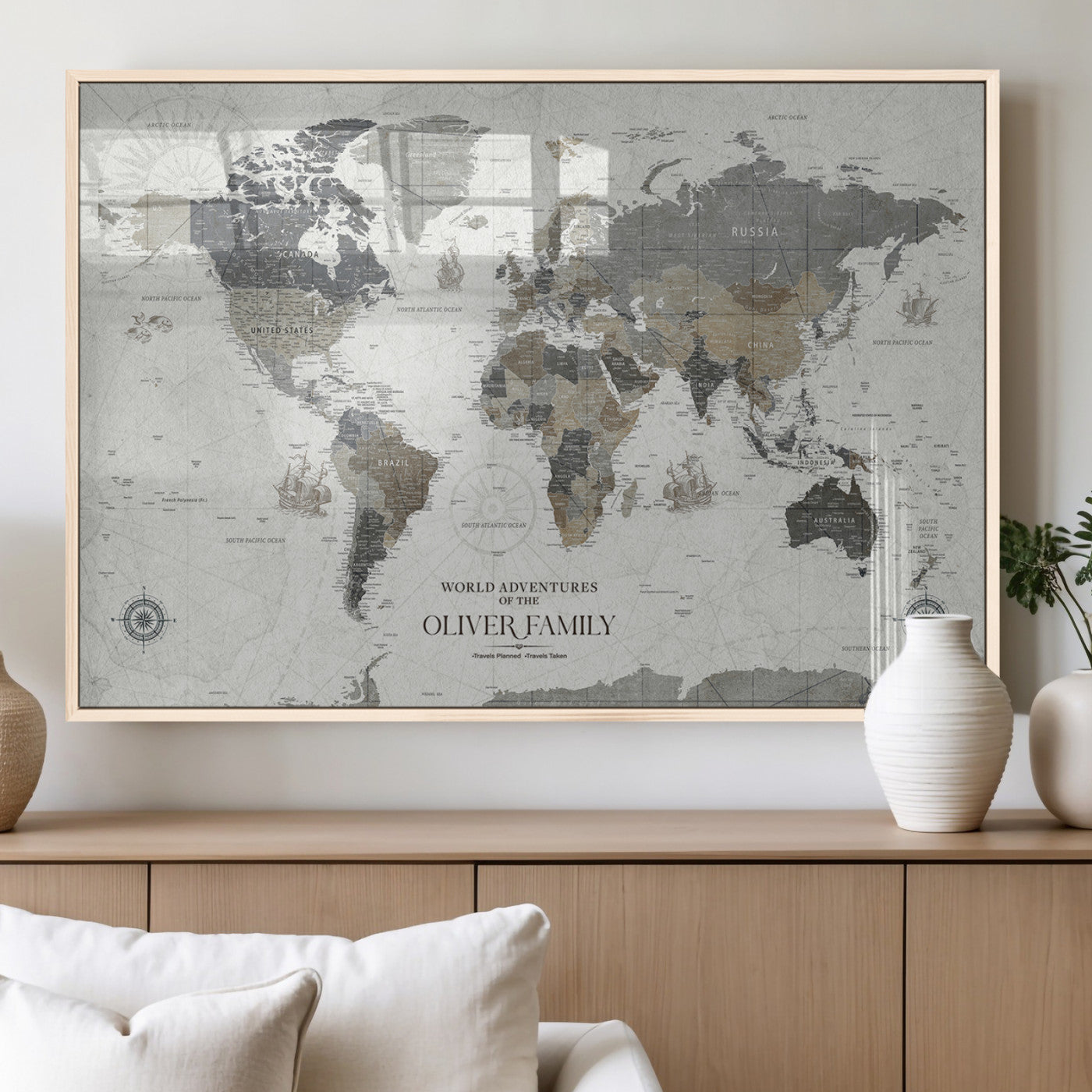 MGV-FP-36X24-3P - Custom Push Pin World Map Wall Canvas Print – Personalized Travel Tracker with Pins – Framed Large Multi-Size Canvas for Home Office Decor