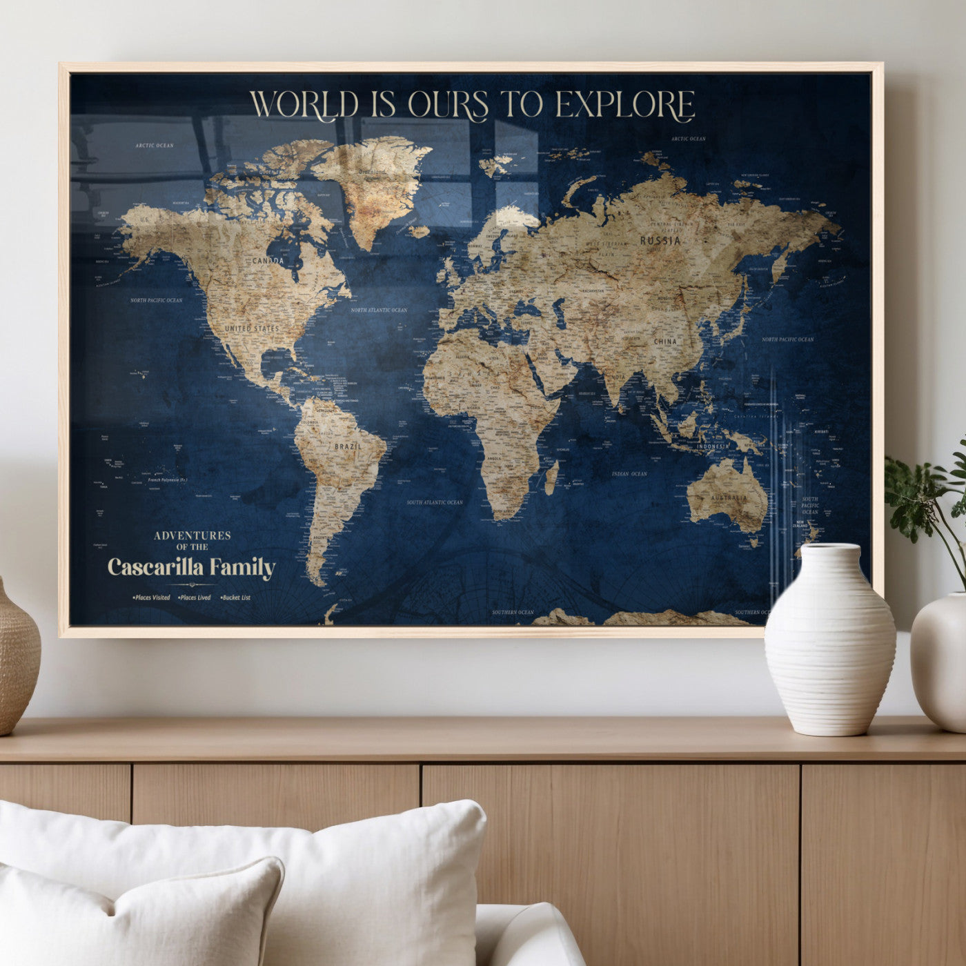 54782997-MGV-FP-36X24-3P - Personalized Push Pin World Map Canvas Print – Custom Travel Tracker Wall Art, Large World Map Decor for Home, Office