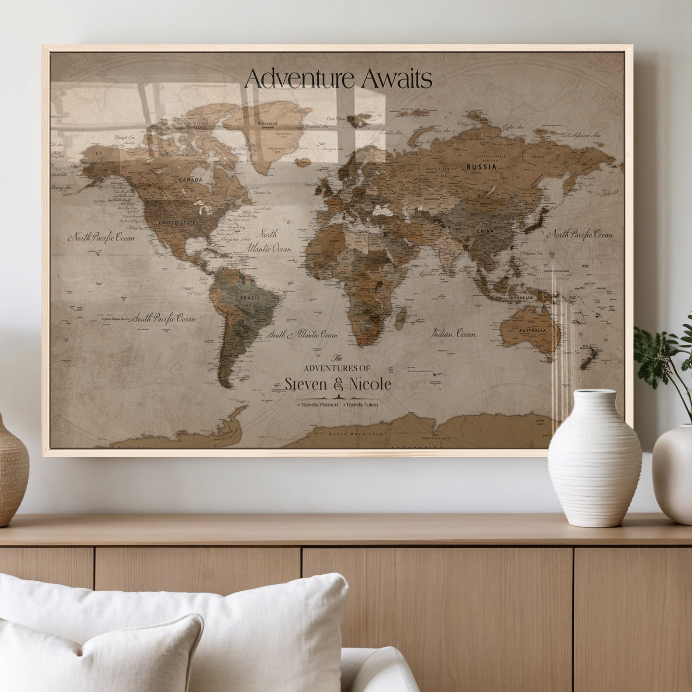 MGV-FP-36X24-3P - Custom Push Pin World Map Wall Canvas Print – Personalized Travel Tracker with Pins – Framed Custom Quotie Canvas for Home Office Decor