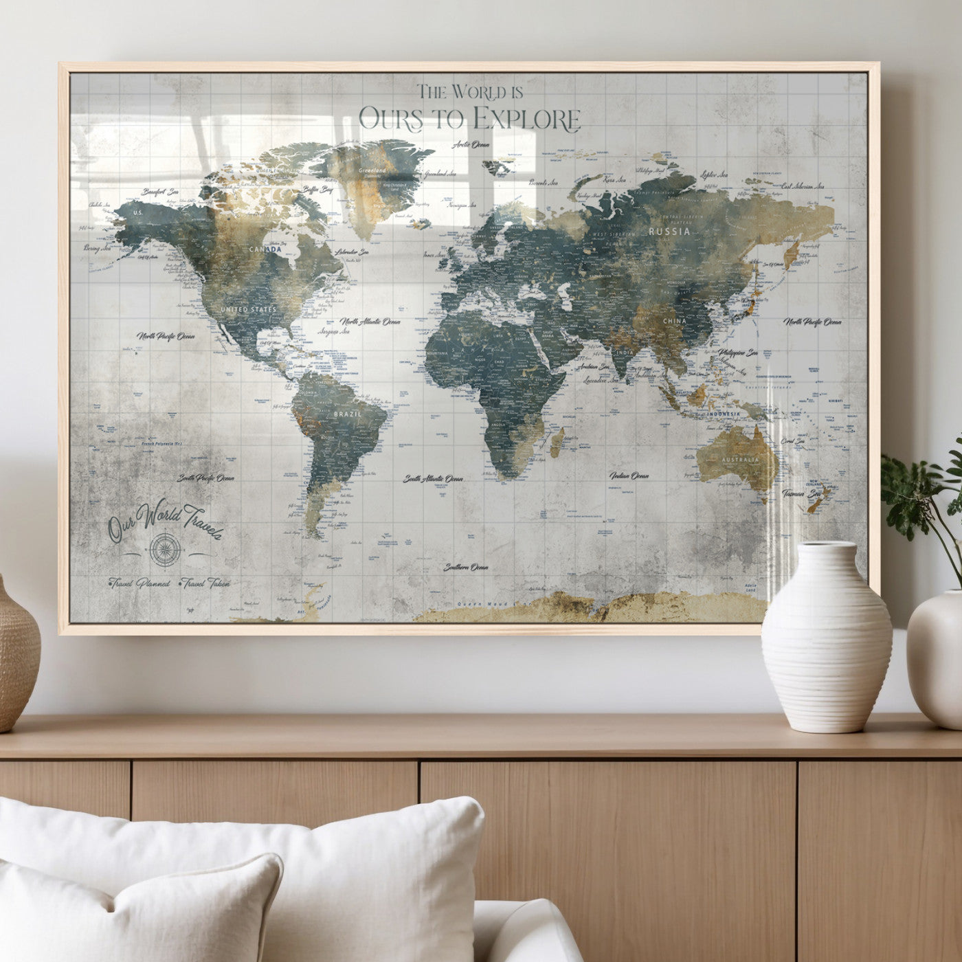 14988581-MGV-FP-36X24 - Custom Push Pin World Map Wall Canvas Print – Personalized Travel Tracker with Pins – Framed Custom Quotie Canvas for Home Office Decor