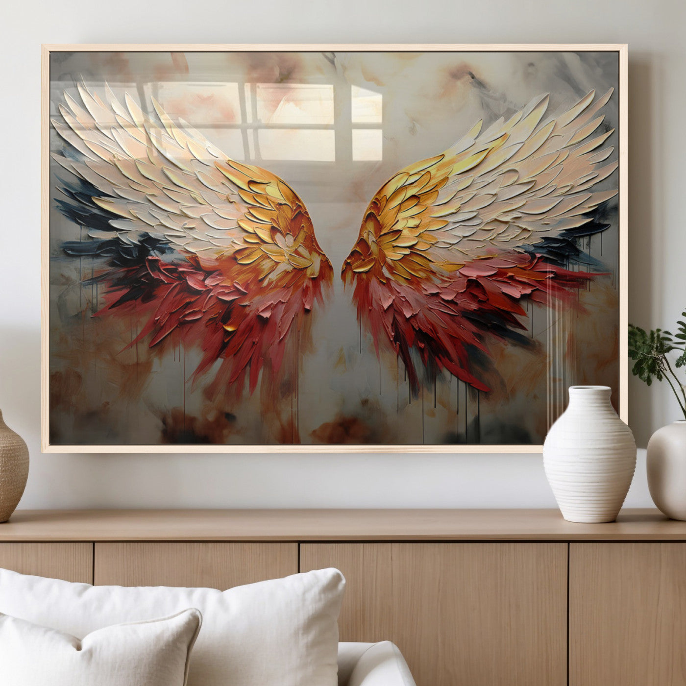 A stunning 3D-style painting of angel wings with vibrant gold, red, and black hues, creating a dramatic and striking visual effect.