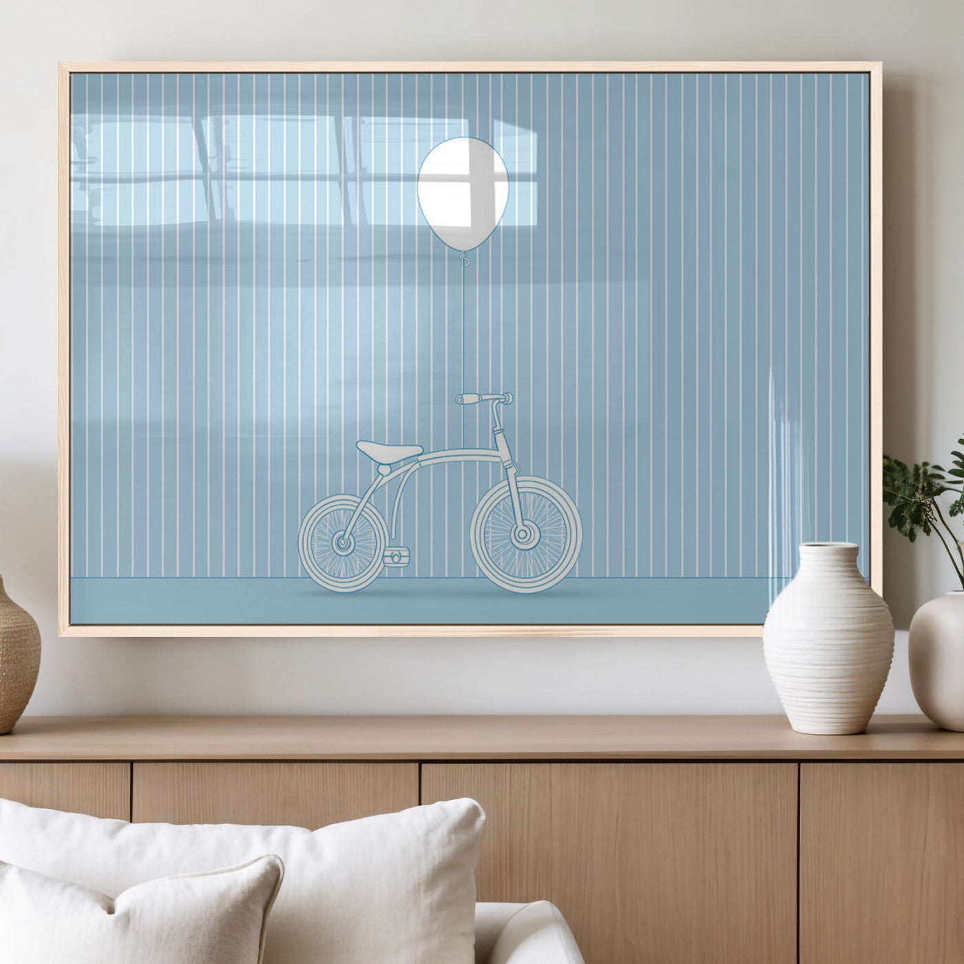 A minimalistic blue line drawing of a bicycle with a balloon floating above it, set against a soft striped background.