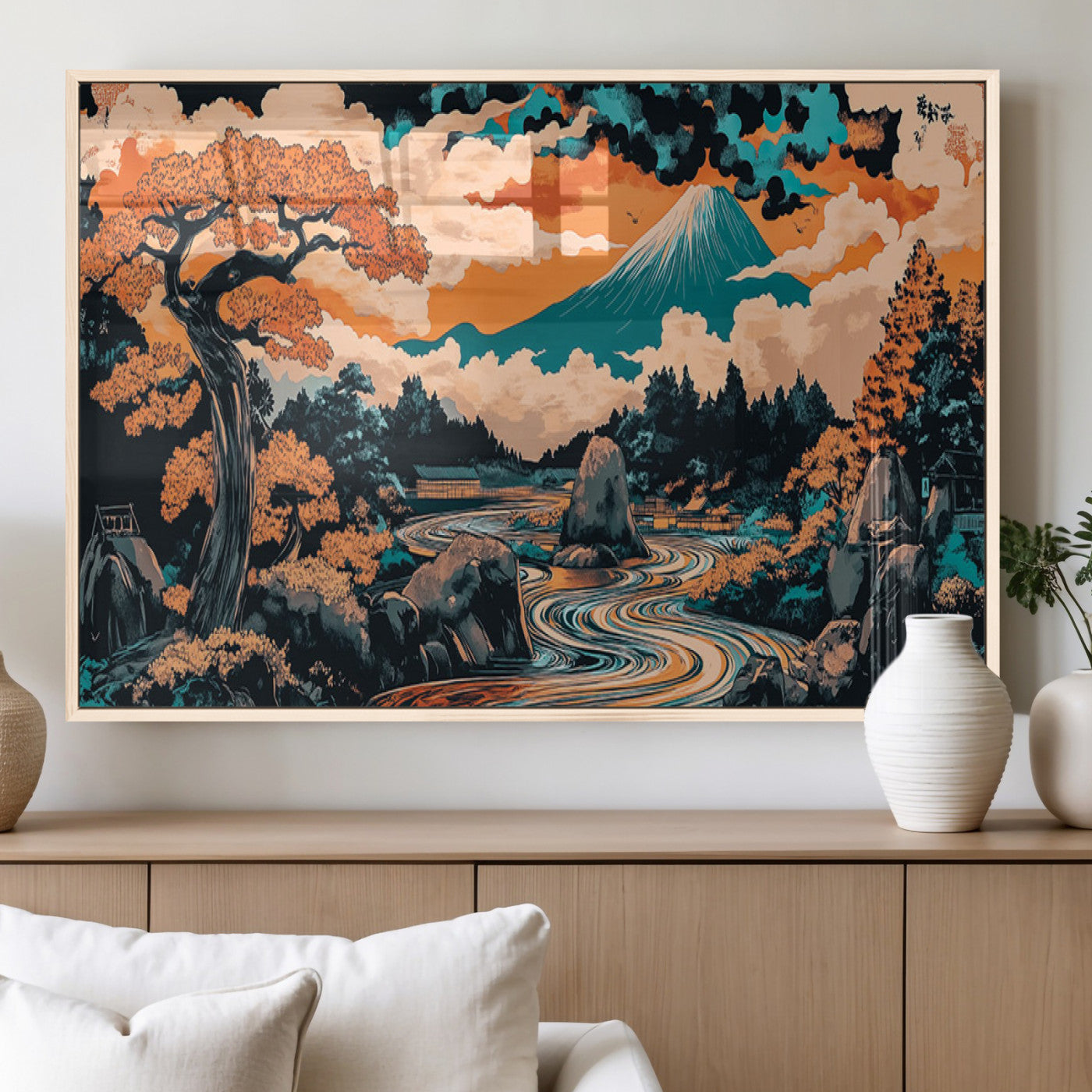 A vibrant Japanese-inspired landscape featuring Mount Fuji, a winding river, and autumn-colored trees under a dramatic sky, in bold and vivid hues.