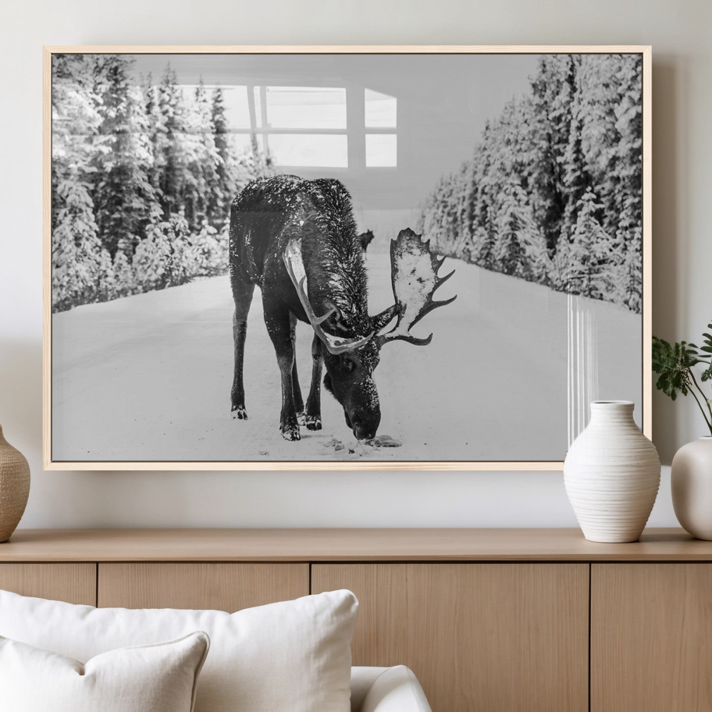 A majestic moose grazing in the snow-covered wilderness, surrounded by snow-covered trees, creating a peaceful winter scene.