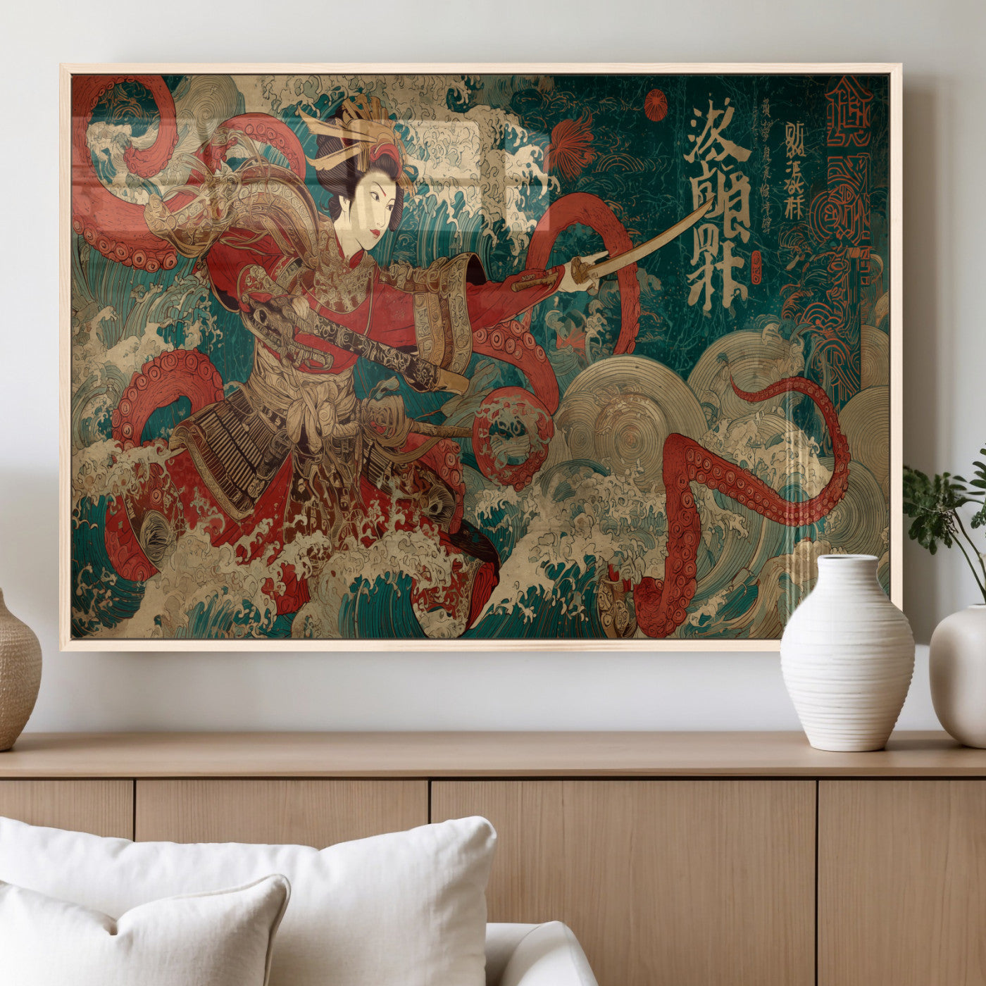 MGV-FP-36X24-3P - Tsukioka Yoshitoshi Samurai Wall Art Print, Japanese Katana Warrior Canvas Wall Art, Octopus Sea Monster Canvas Print,