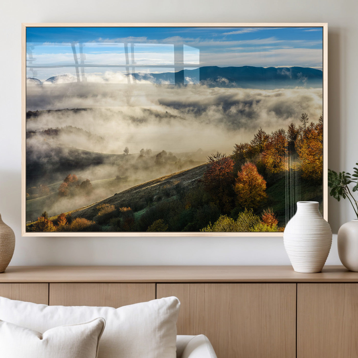 21551192-MGV-CV-60X30-3P_Natural-Misty Autumn Hills Canvas Wall Art, Foggy Forest Landscape, Fall Foliage Beauty, Serene Mountain View, Cozy Home Decor, Office Tranquility, Nature Calm Print