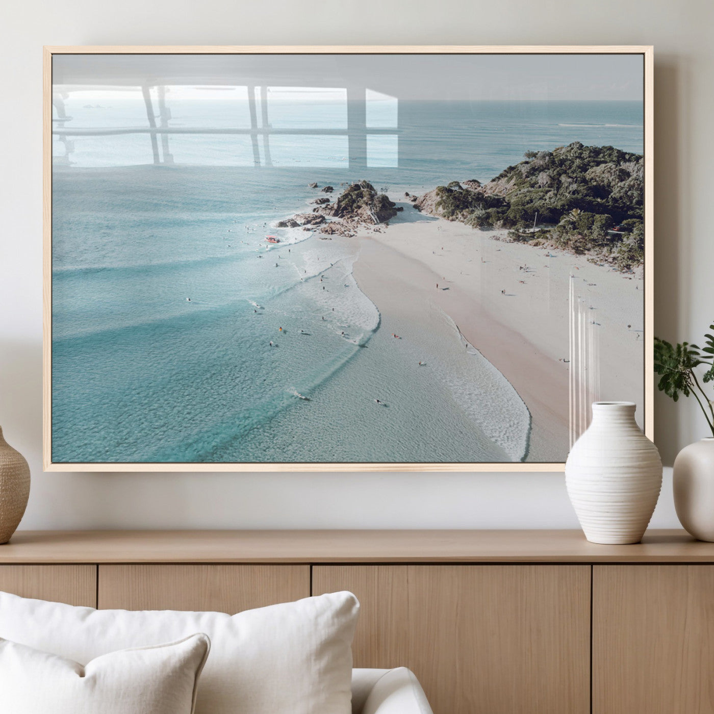79395467-MGV-CV-60X30-3P_Natural-Aerial Beach Canvas Wall Art Print, Coastal Ocean Waves and Surfers, Large Scenic Seaside Canvas for Home or Office 1 Panel Wrapped Canvas