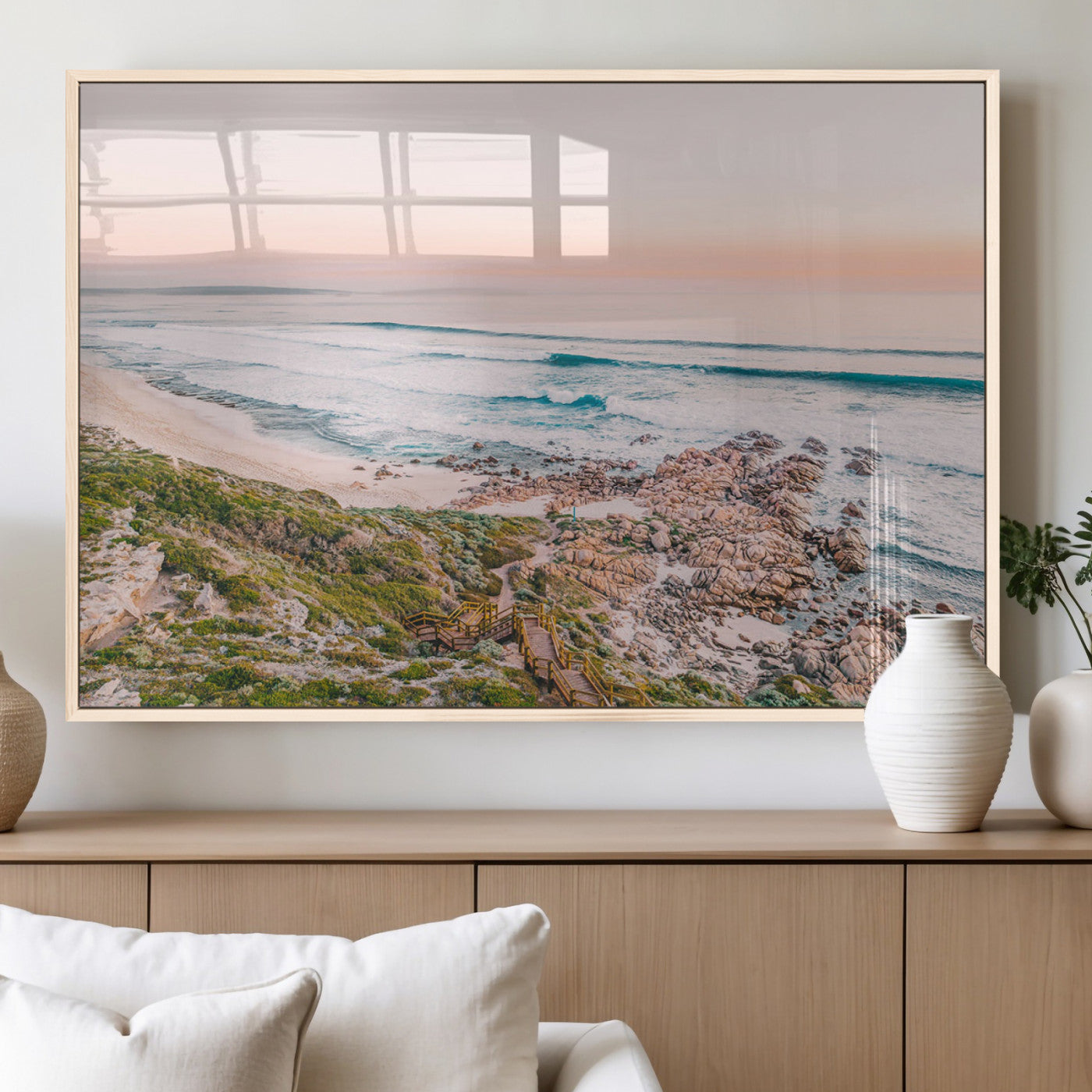27332135-MGV-CV-60X30-3P_Natural-Coastal Cliffside Canvas Wall Art Print, Ocean Shore Landscape Decor, Large Scenic Beach Canvas for Living Room or Office 1 Panel Wrapped Canvas