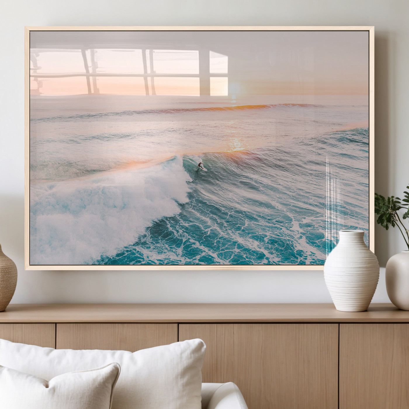 34064591-MGV-CV-60X30-3P_Natural-Sunset Surfing Canvas Wall Art Print, Ocean Wave Surfer Decor, Large Coastal Surf Canvas for Beach House or Living Room 1 Panel Wrapped Canvas