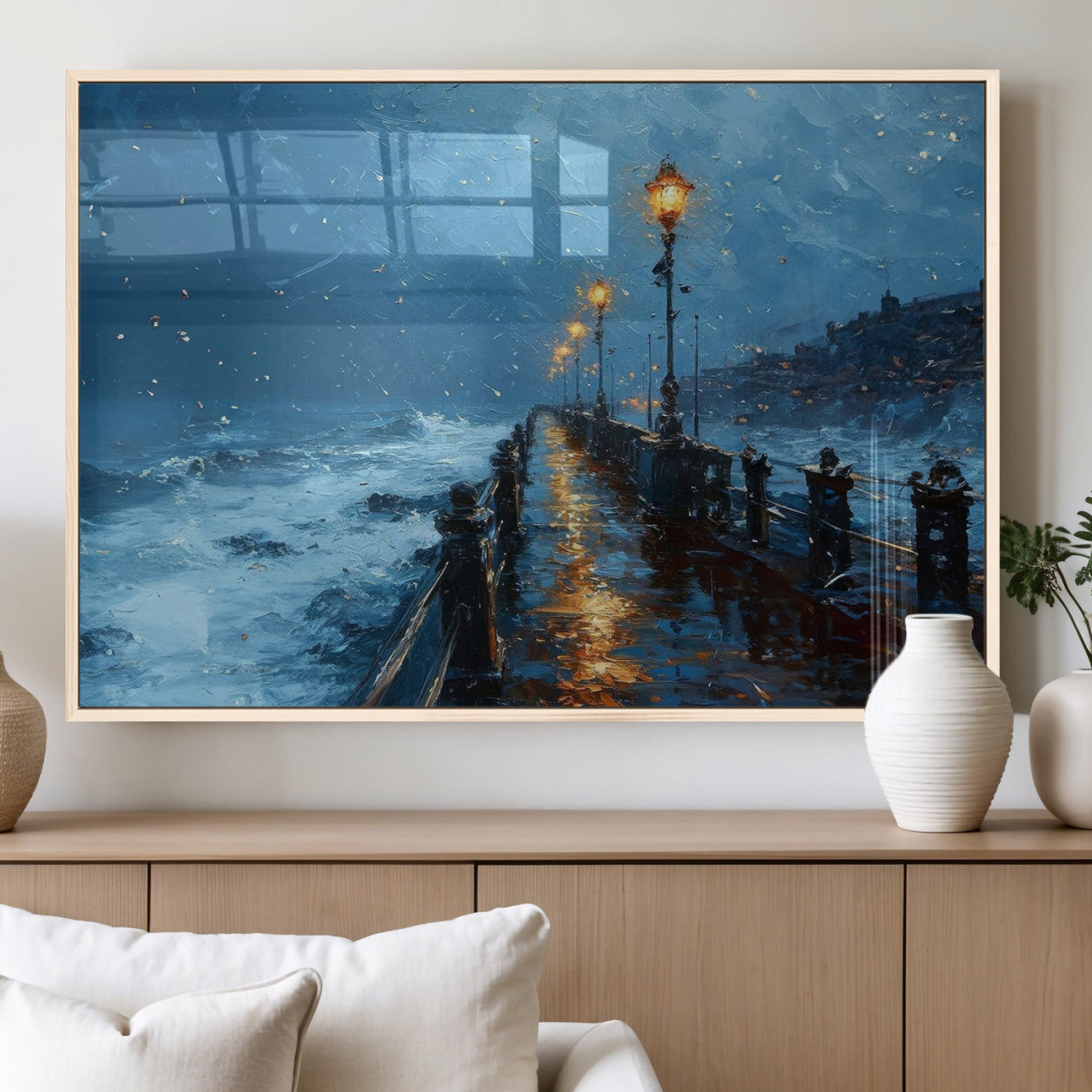 "Impressionistic painting of a stormy pier with street lamps glowing, waves crashing, and a misty ocean under a blue sky."
