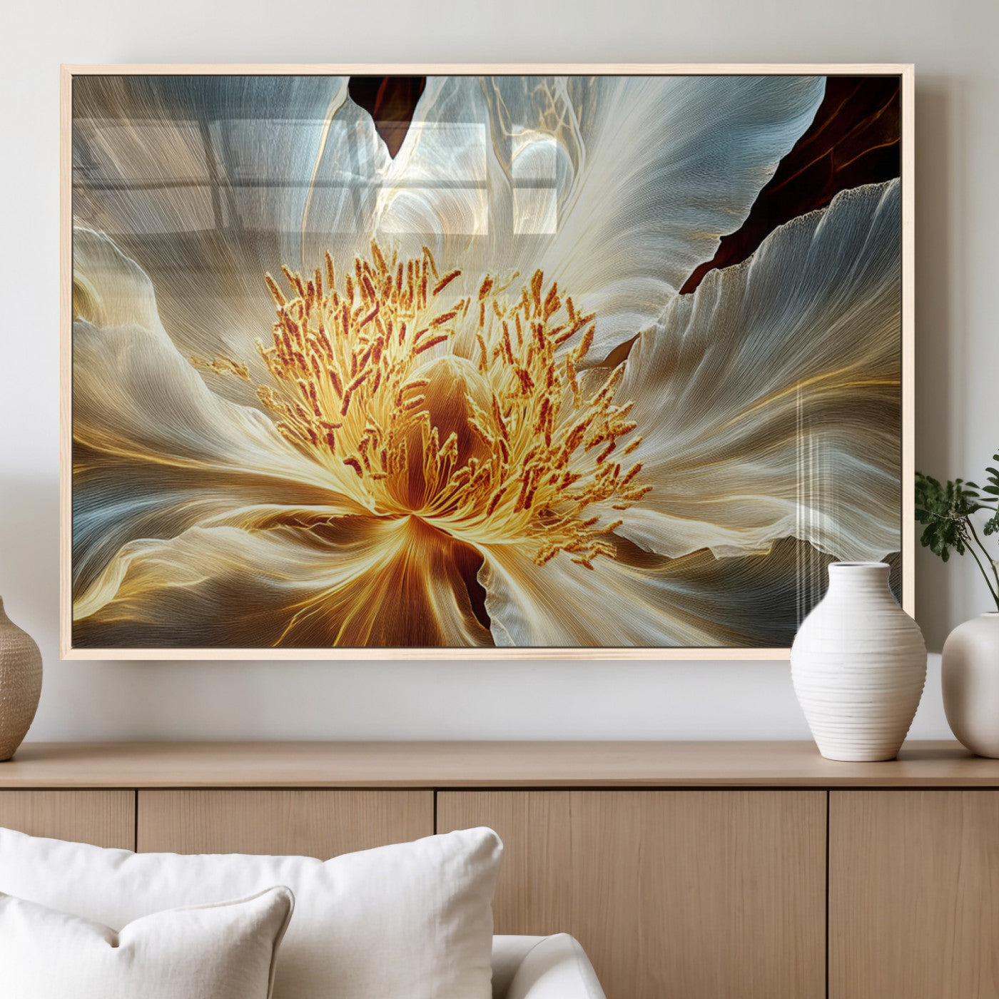 "Close-up of a glowing, abstract flower with delicate white petals and vibrant golden-yellow stamen against a dark background."