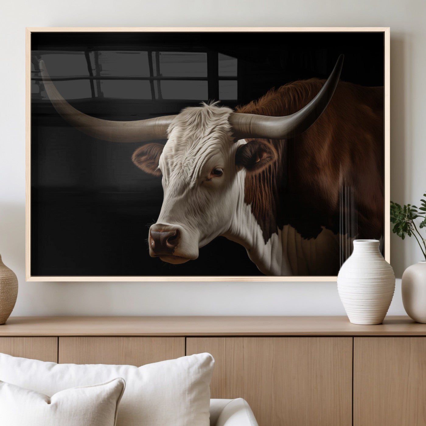 "Close-up of a brown and white longhorn cow with prominent curved horns against a black background."