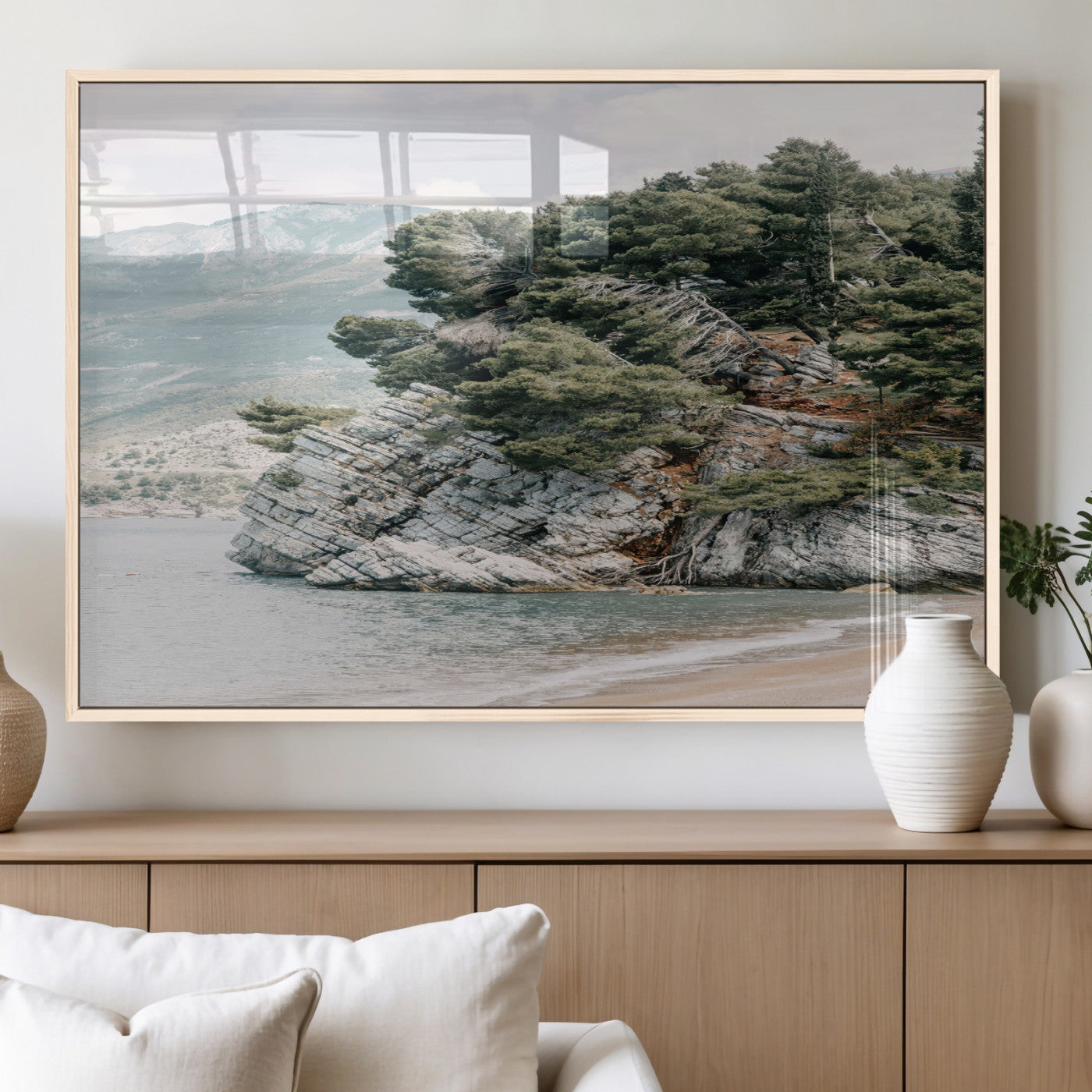 MGV-FP-36X24-3P - Coastal Rock Canvas Wall Art Print, Scenic Beach Landscape, Pine Trees on Rocky Cliff, Large Nature