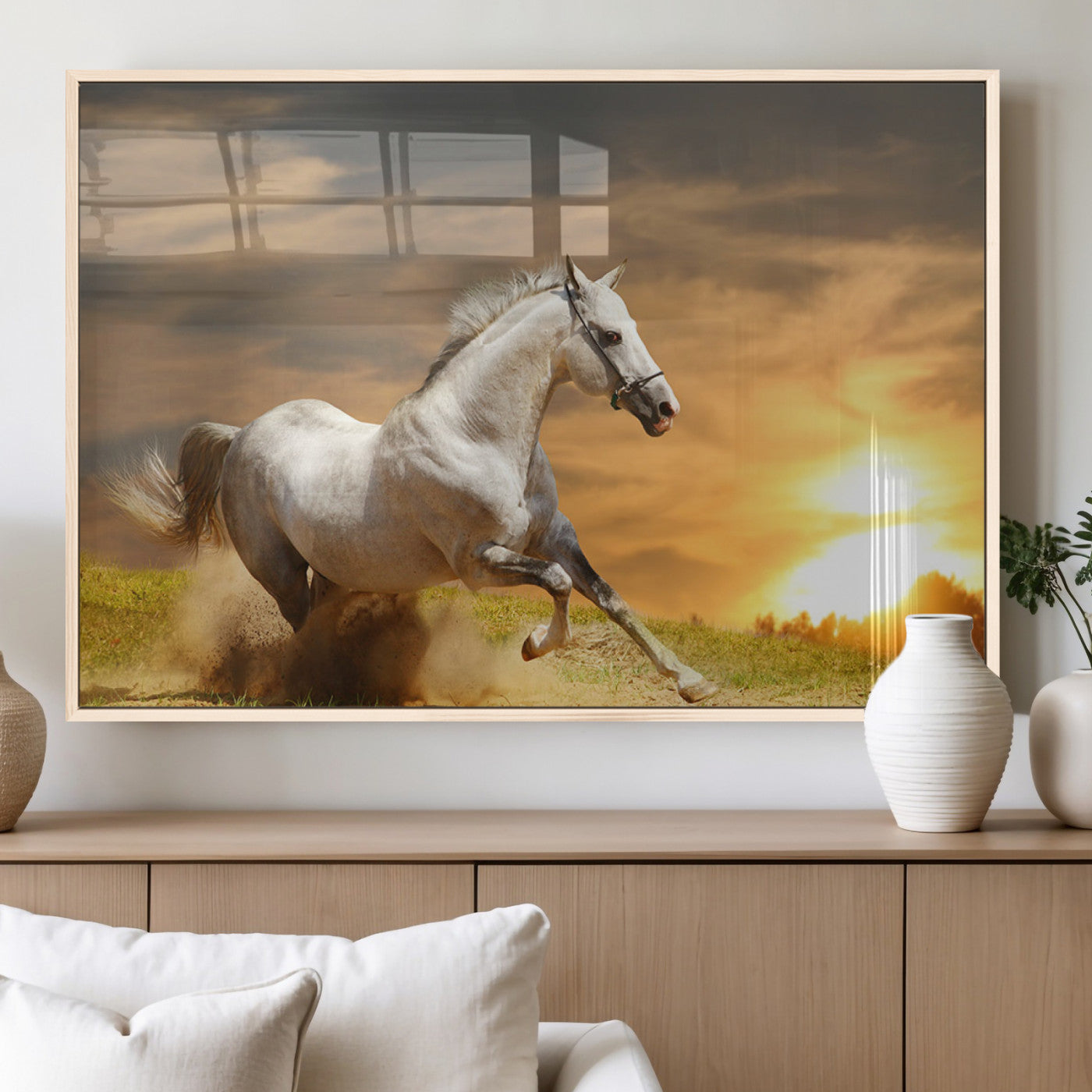 Powerful white horse galloping on a dusty field at sunset with a dramatic sky – Wall Art Canvas Print.
