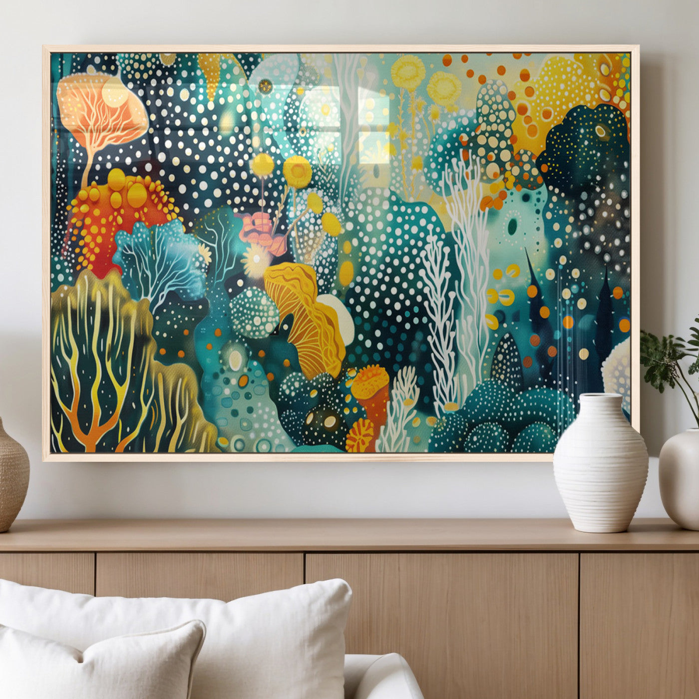 Abstract underwater coral reef illustration with vibrant colors, dotted textures, and stylized marine flora – Wall Art Canvas Print.