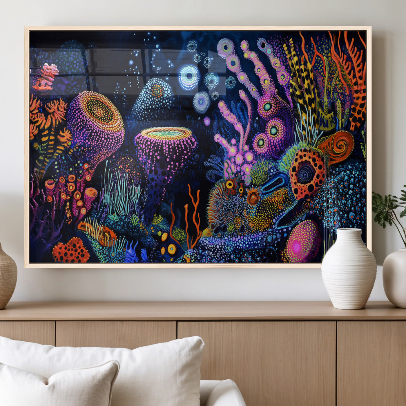 Vibrant and colorful abstract underwater coral reef artwork with diverse shapes and glowing patterns – Wall Art Canvas Print.