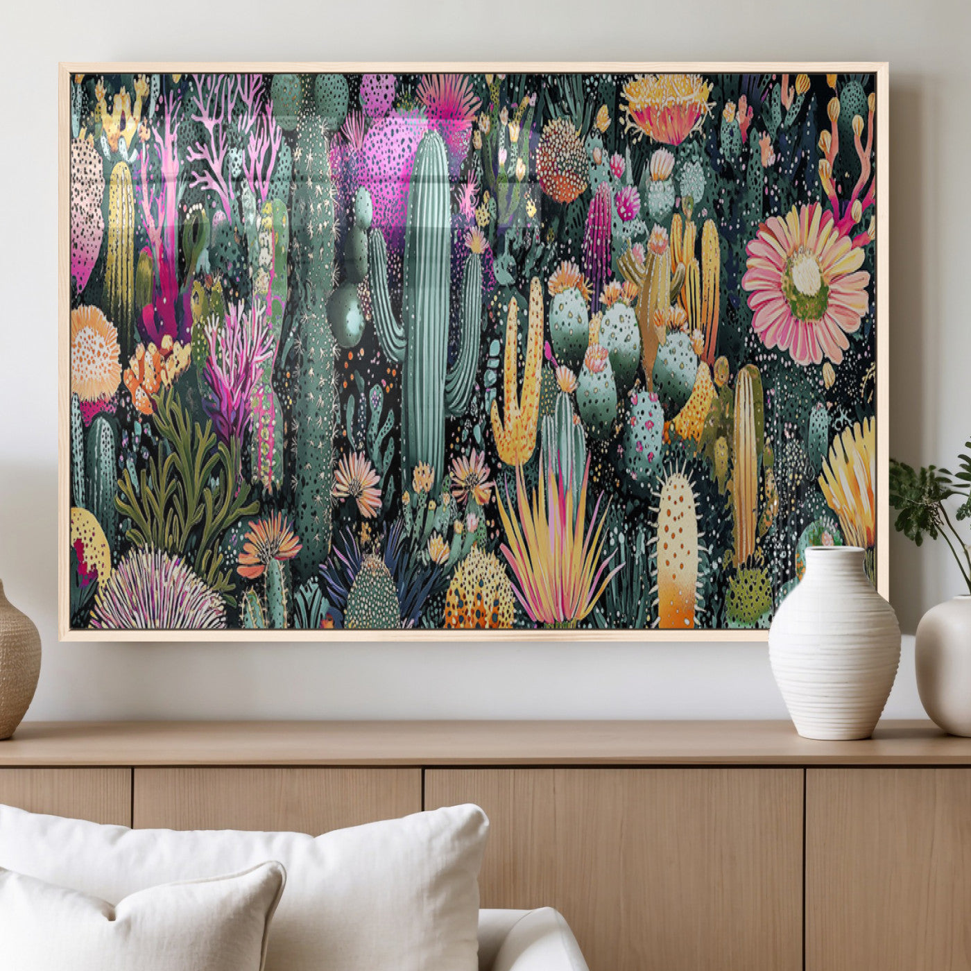 Colorful and detailed painting of various cacti and desert flowers in vibrant hues on a dark background – Wall Art Canvas Print.