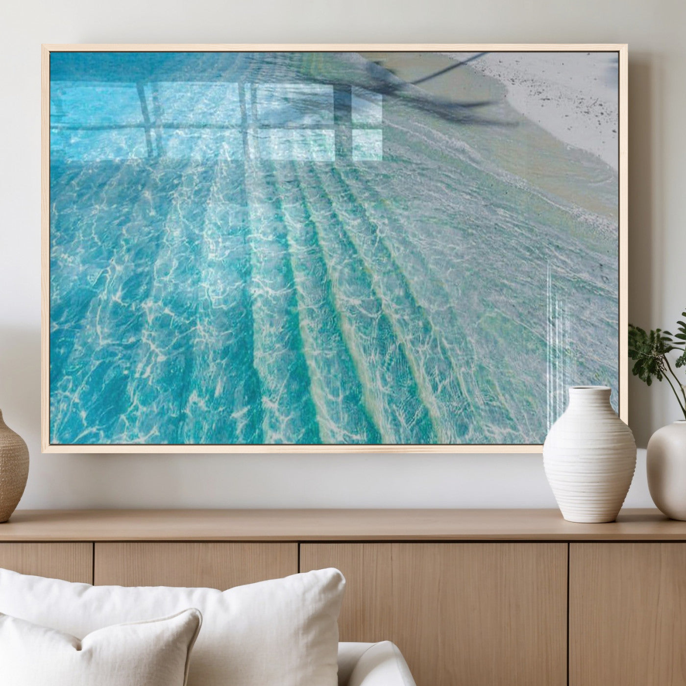 17528159-MGV-CV-60X30-3P_Natural-Crystal Clear Shallow Ocean Water with Sunlight Reflections and Palm Tree Shadow on Sandy Beach – Beautiful Wall Art Canvas Print for Coastal Decor