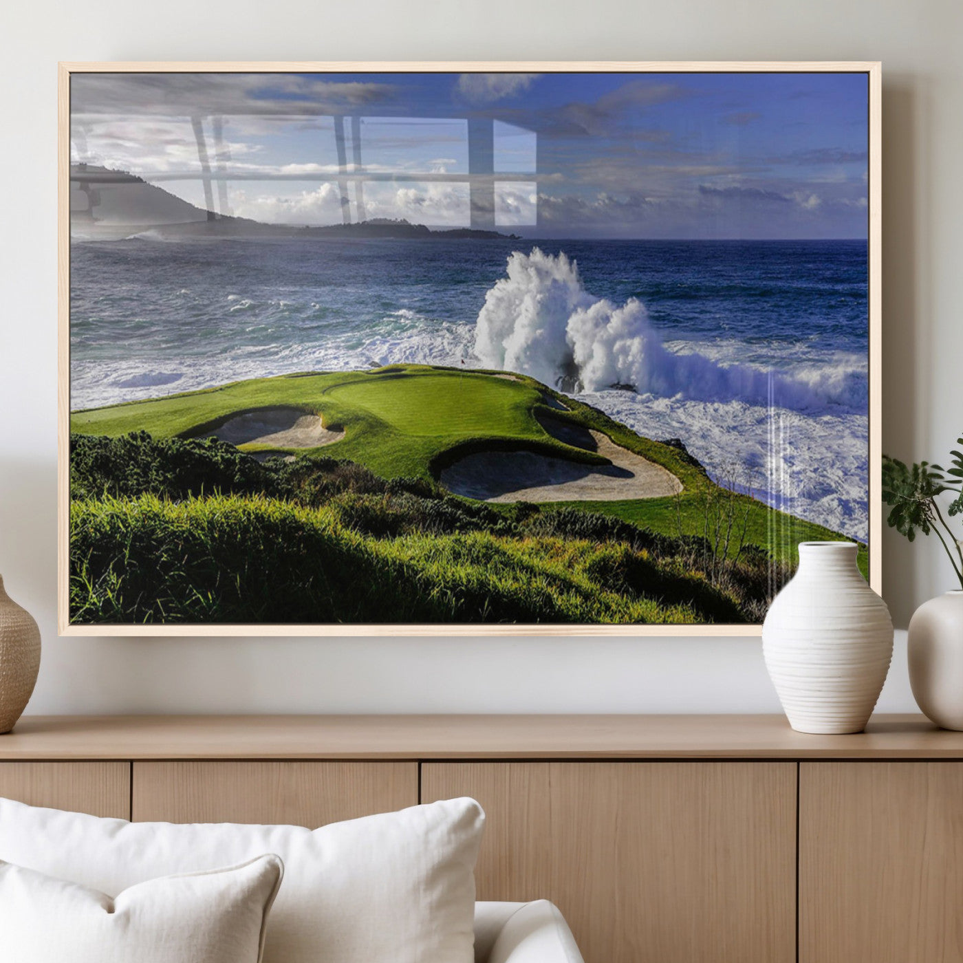78508908-MGV-CV-60X30-3P_Natural-Dramatic Ocean Waves Crashing Against Rocky Coastline Near a Green Golf Course – Stunning Wall Art Canvas Print for Nature and Sports Lovers