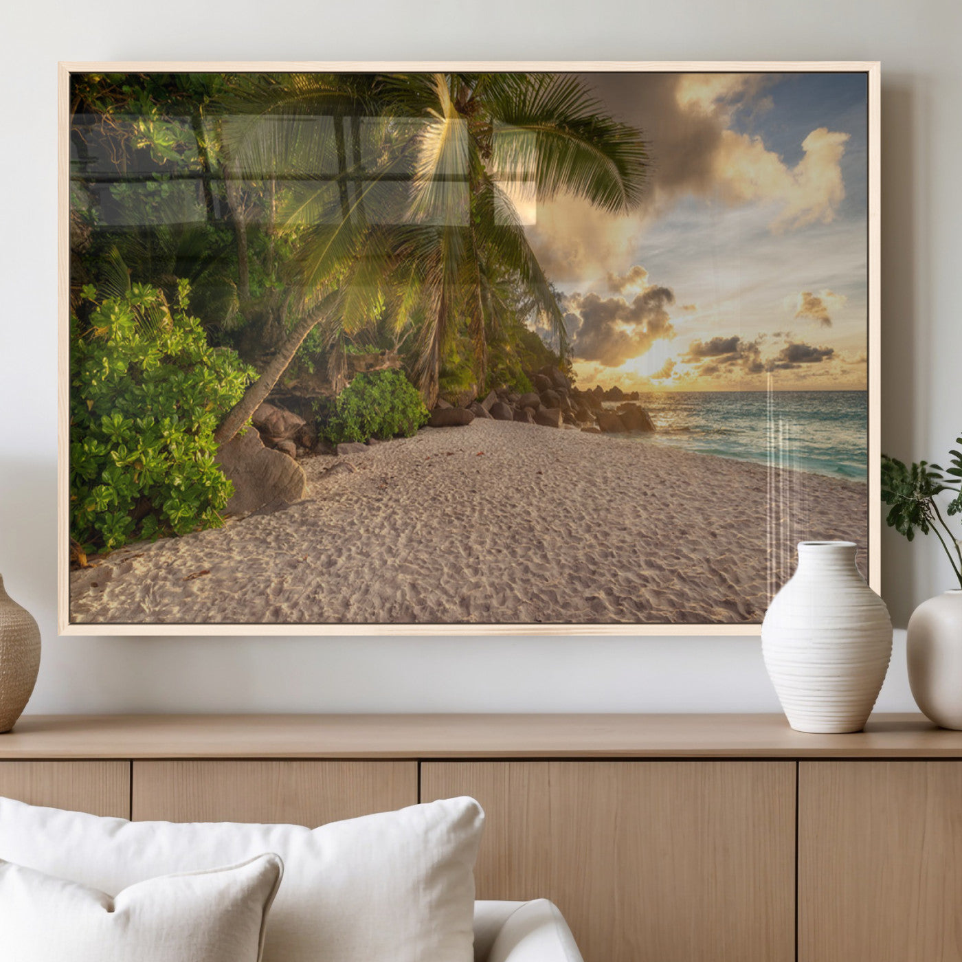89531159-MGV-CV-60X30-3P_Natural-Tropical beach sunset, palm trees, white sand, ocean waves, golden sky, serene landscape, nature beauty, tranquil shore, Wall Art Canvas Print
