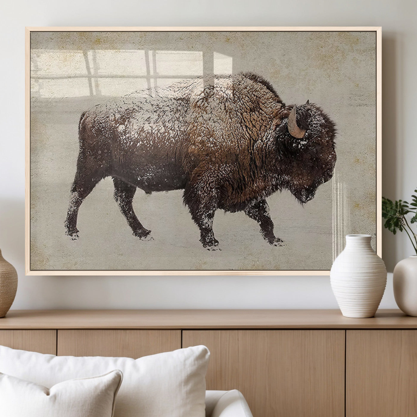 54810031-MGV-CV-60X30-3P_Natural-Snow-dusted bison silhouette textured vintage style rugged wildlife art with neutral tones perfect for rustic home decor Wall Art Canvas Print design