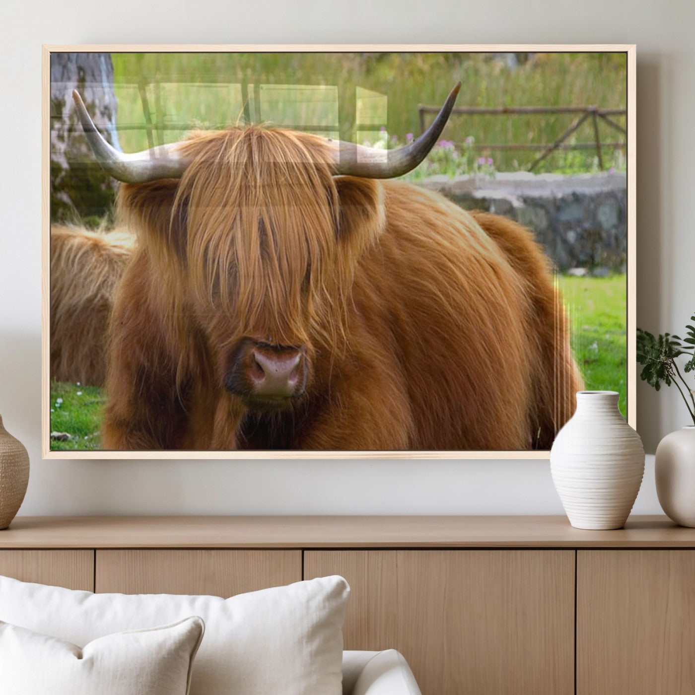 68411138-MGV-CV-60X30-3P_Natural-Highland Cow Long Hair Rustic Farm Animal Horns Green Pasture Natural Beauty Outdoor Wall Art Canvas Print