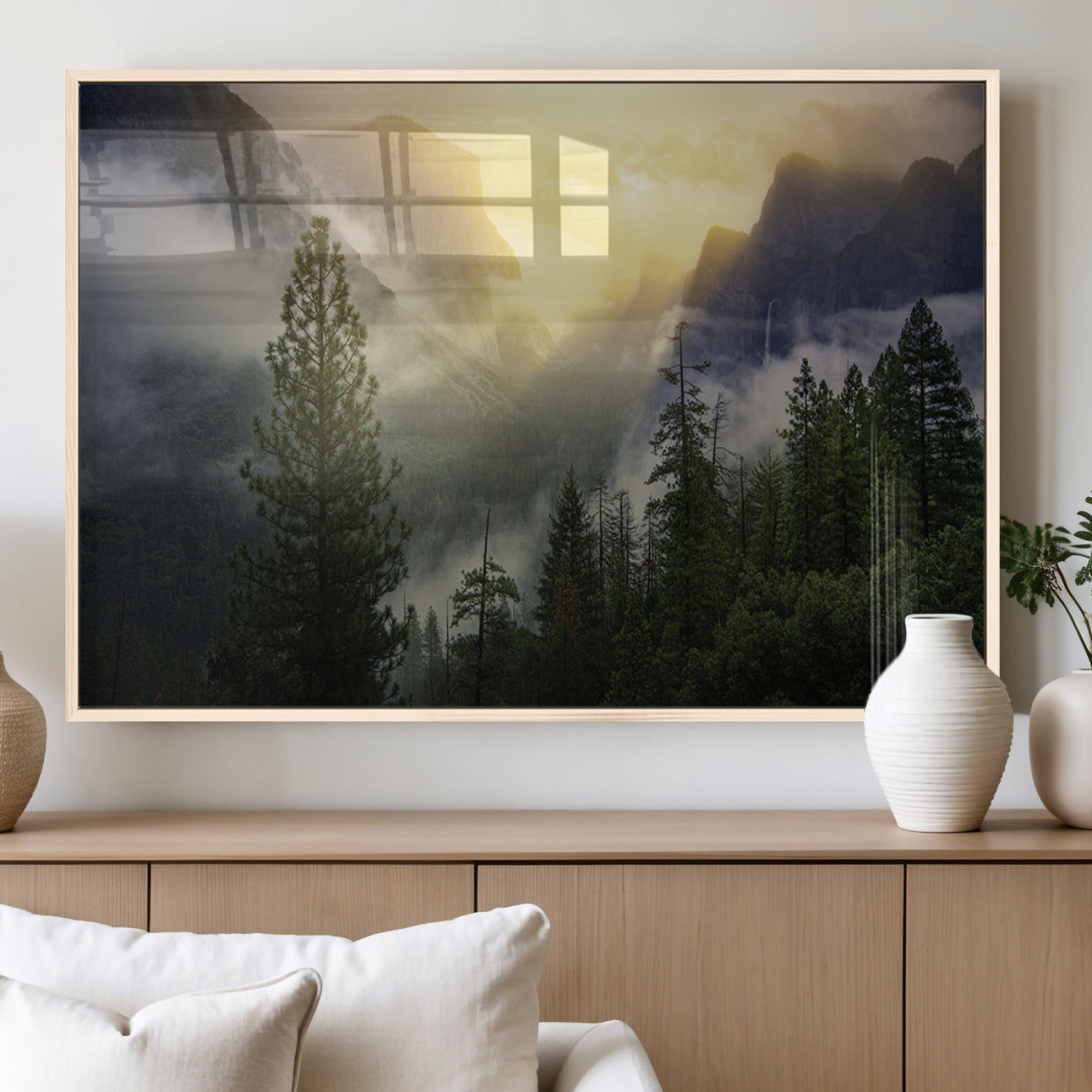 38316884-MGV-CV-60X30-3P_Natural-Misty Forest Sunrise Mountain Valley Pine Trees Foggy Landscape Nature Scenic Outdoors Calm Tranquil Wall Art Canvas Print