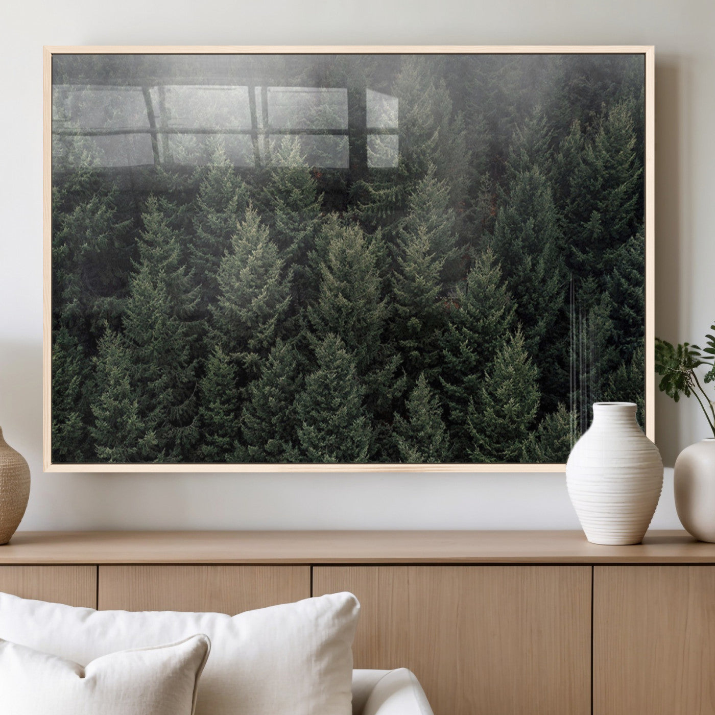 84059409-MGV-CV-60X30-3P_Natural-Dense Evergreen Forest Misty Morning Fog Pine Trees Woodland Nature Landscape Calm Peaceful Scenic Wall Art Canvas Print