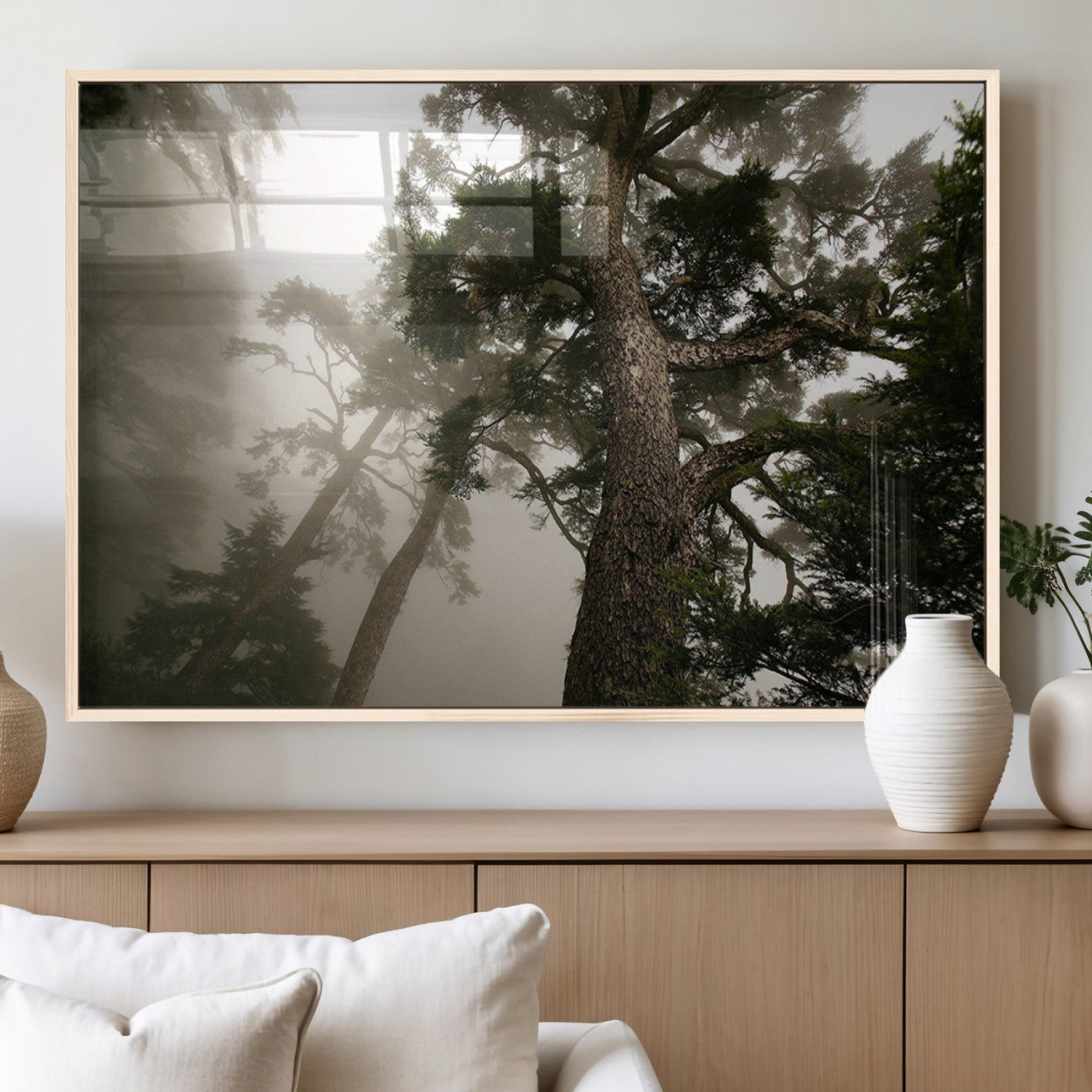 87969493-MGV-CV-60X30-3P_Natural-Misty Forest Tall Trees Foggy Atmosphere Nature Serenity Calm Wooded Landscape Tranquil Scene Outdoor Beauty Wall Art Canvas Print
