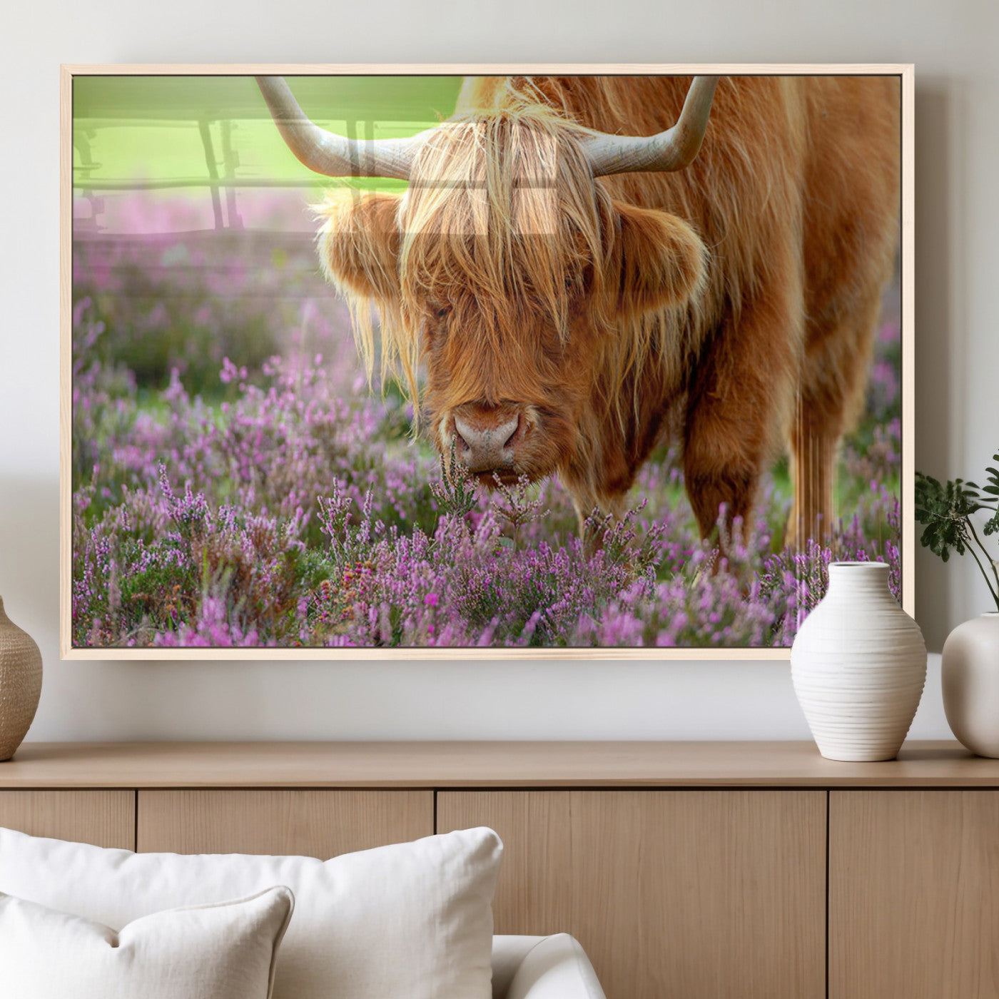 64069351-MGV-CV-60X30-3P_Natural-Highland Cow Purple Flowers Nature Pasture Scenic Wildlife Animal Grazing Meadow Calm Rustic Charm Outdoors Peace Wall Art Canvas Print