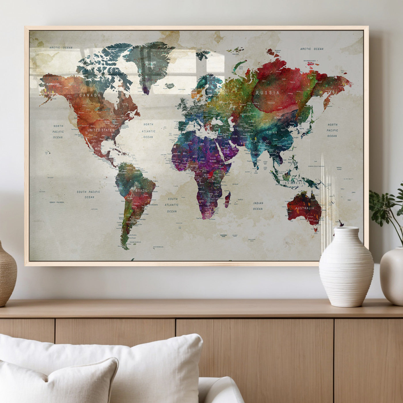 Colorful watercolor world map with countries labeled, featuring rich, vibrant hues across continents on a vintage beige background, Wall Art Canvas Print style.
