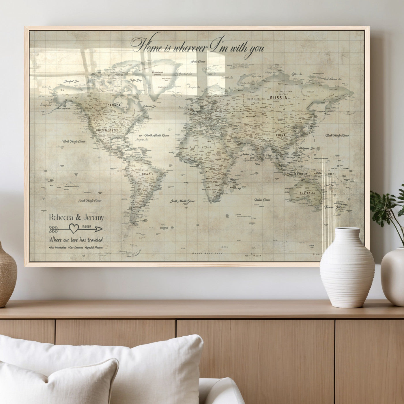 MGV-FP-36X24-3P - Personalized World Map Wall Art Canvas Print – Custom Push Pin Travel Map for Couples, Families, or Office Décor