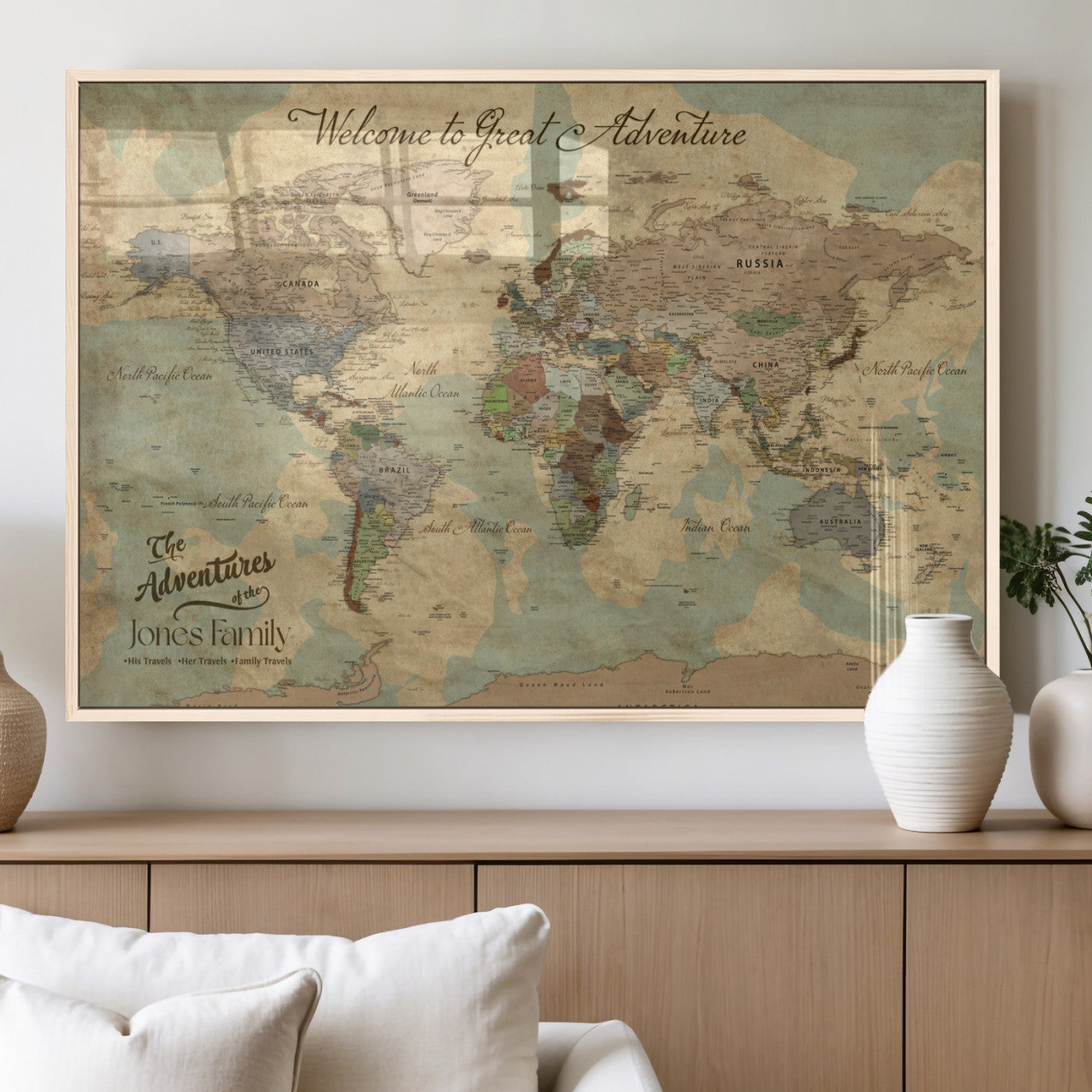 MGV-FP-36X24-3P - Personalized World Map Wall Art Canvas Print – Custom Push Pin Travel Map for Couples, Families, or Office Décor