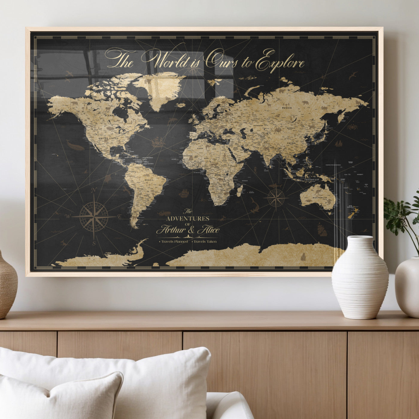 MGV-FP-36X24-3P - Personalized World Map Wall Art Canvas Print – Custom Push Pin Travel Map for Couples, Families, or Office Décor
