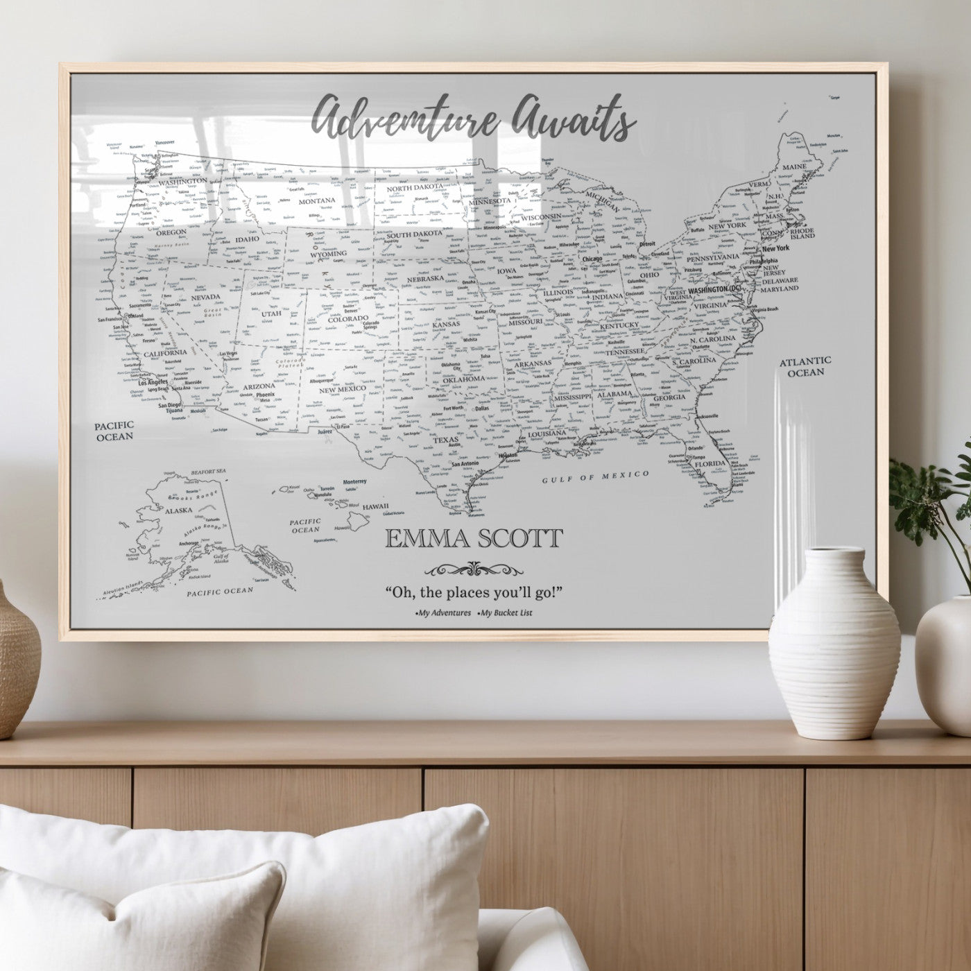 MGV-FP-36X24-3P - Personalized US Map Wall Art Canvas Print – Custom Push Pin Travel United States US Map for Couples, Families, or Office Décor