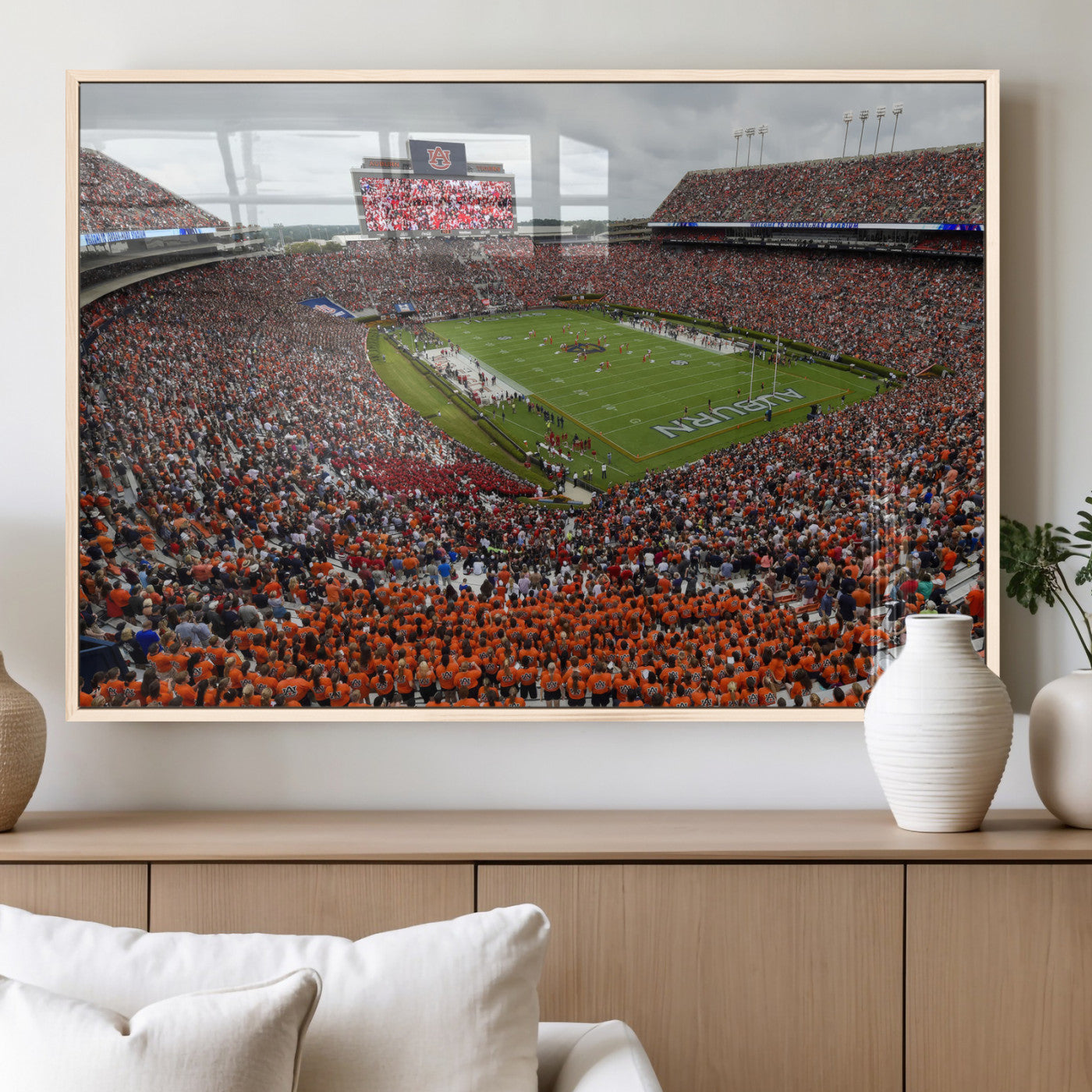 39597998-MGV-FP-36X24-3P_Natural-Jordan-Hare Stadium Wall Art Canvas Print, College Sports Art for Man Cave or Game Room, Framed Alabama Football Decor