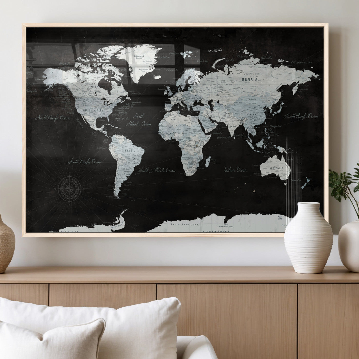 30759283-MGV-FP-36X24 - World Map Wall Art Canvas Print, Modern Decorative Framed Map Artwork Prints for Living Room, Office, Bedroom Wall Decor