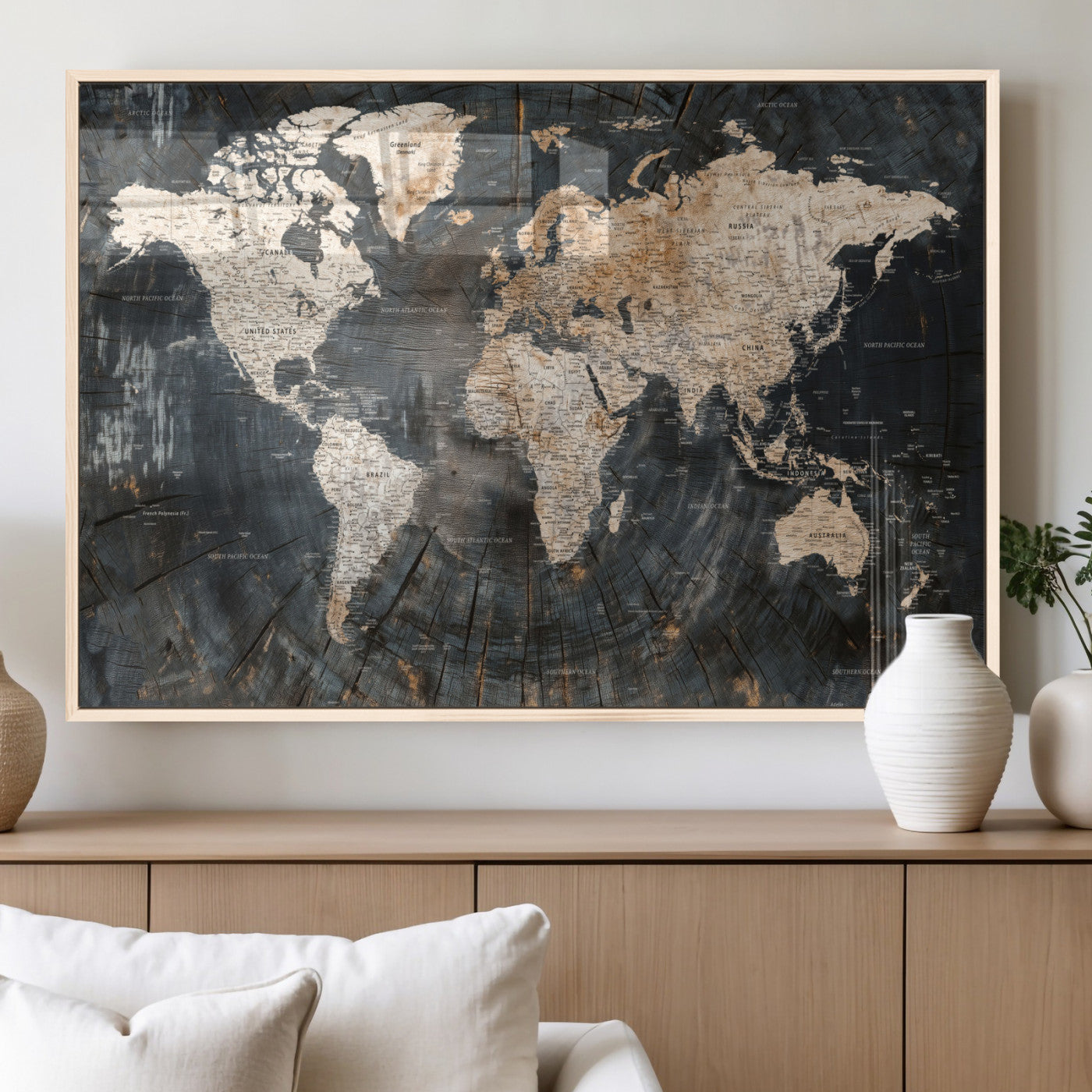 57626704-MGV-FP-36X24 - World Map Wall Art Canvas Print, Modern Decorative Framed Map Artwork Prints for Living Room, Office, Bedroom Wall Decor