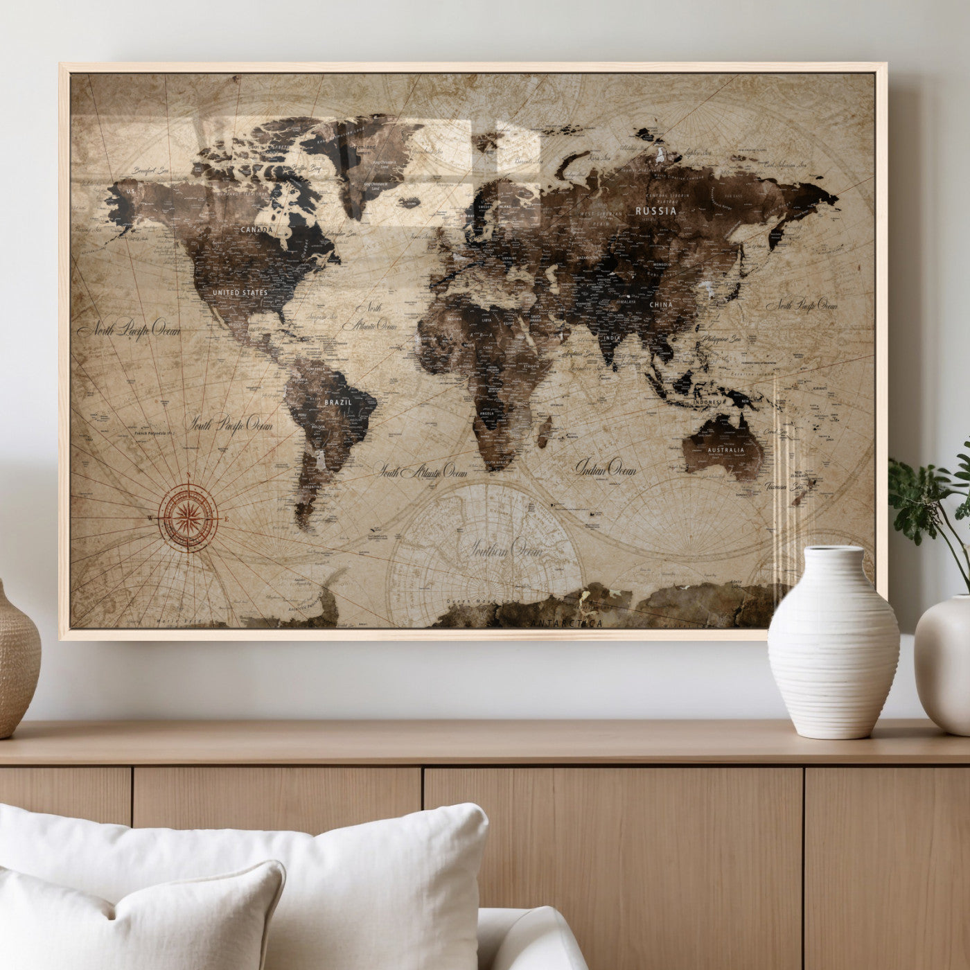 97114757-MGV-FP-36X24 - World Map Wall Art Canvas Print, Modern Decorative Framed Map Artwork Prints for Living Room, Office, Bedroom Wall Decor