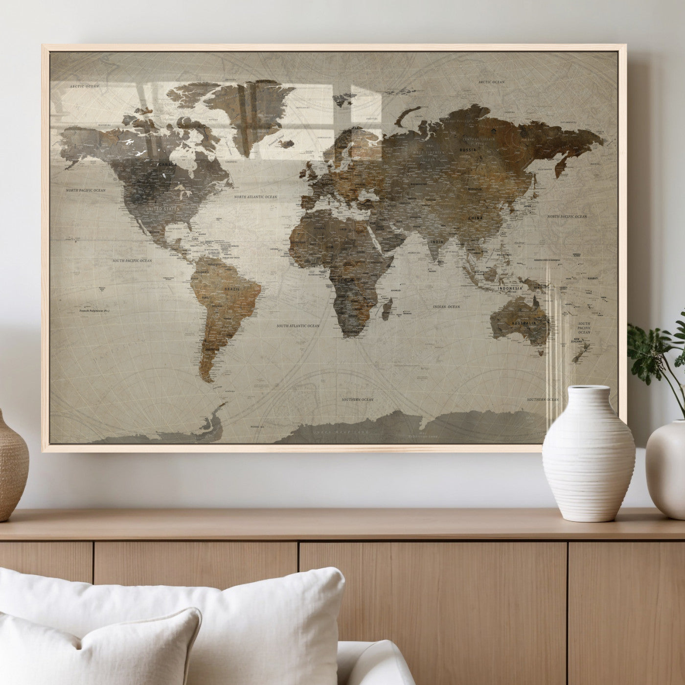 91849163-MGV-FP-36X24 - World Map Wall Art Canvas Print, Modern Decorative Framed Map Artwork Prints for Living Room, Office, Bedroom Wall Decor