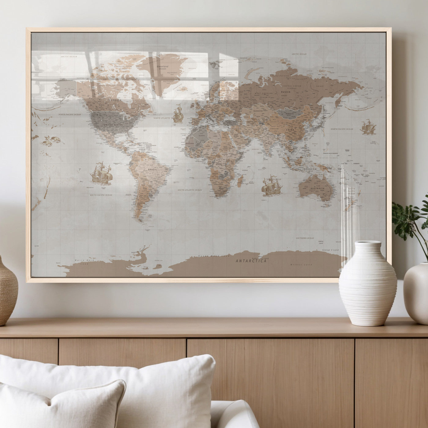 85057279-MGV-CV-36X24 - World Map Wall Art Canvas Print, Modern Decorative Framed Map Artwork Prints for Living Room, Office, Bedroom Wall Decor