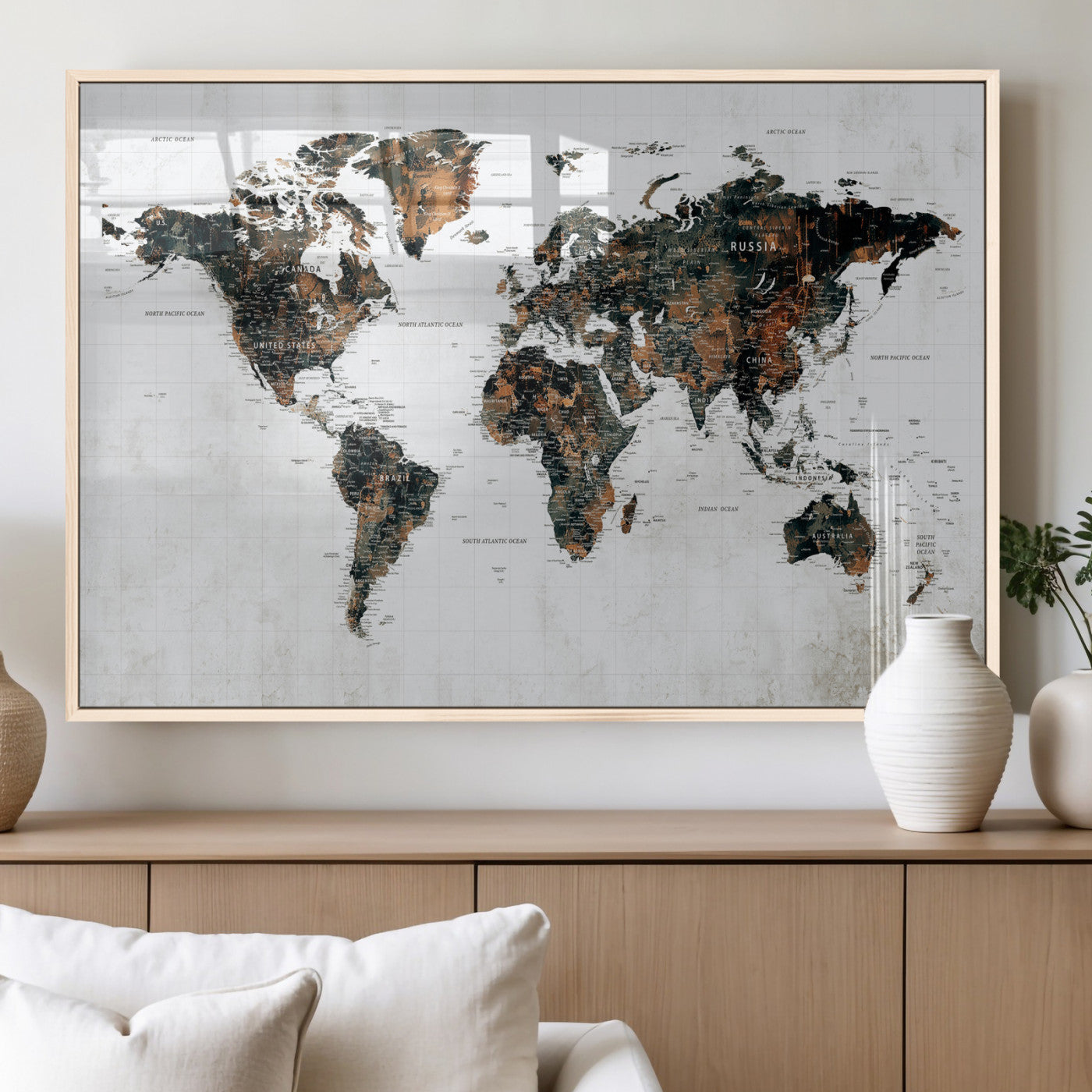 60008766-MGV-CV-36X24 - World Map Wall Art Canvas Print, Modern Decorative Framed Map Artwork Prints for Living Room, Office, Bedroom Wall Decor