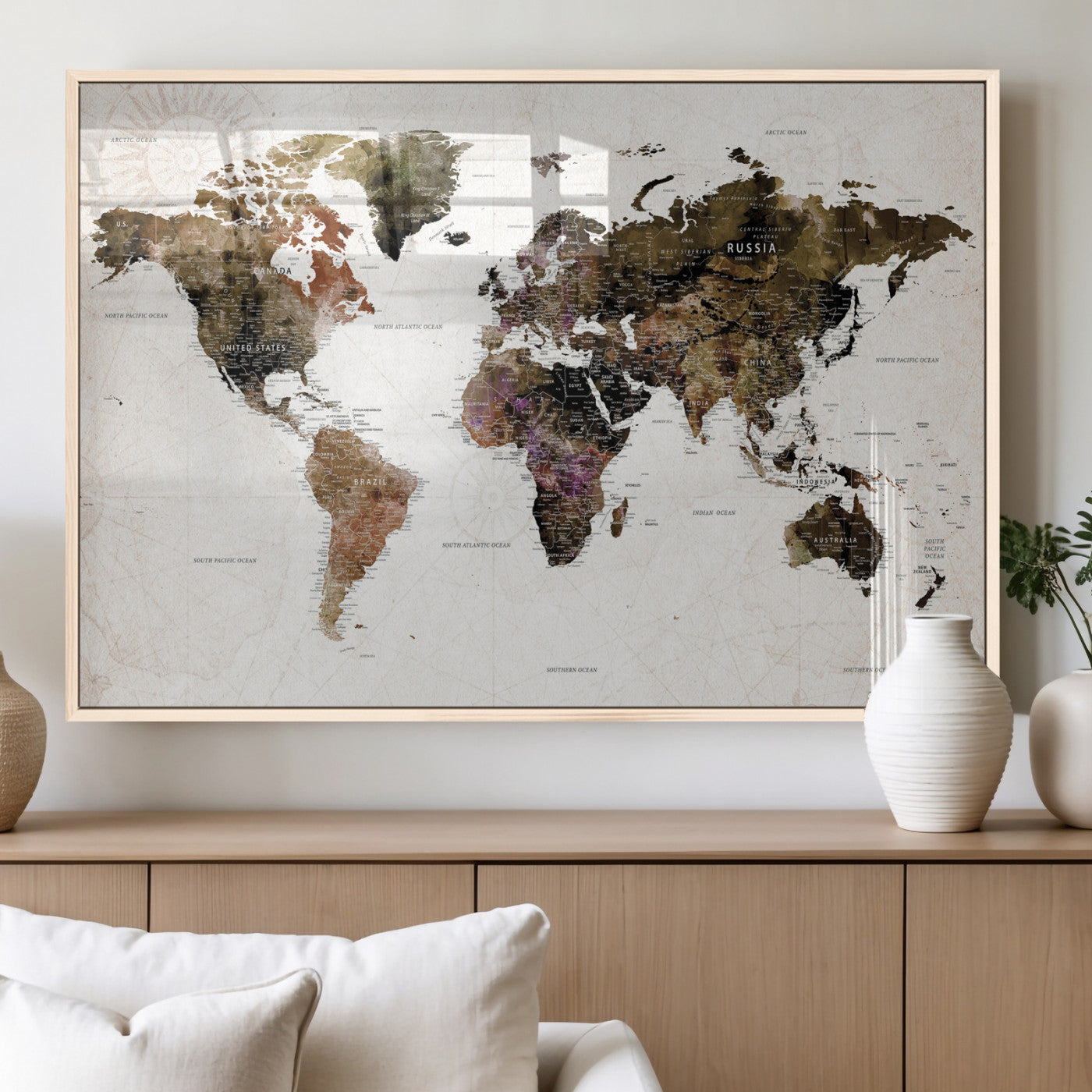 77651968-MGV-CV-36X24 - World Map Wall Art Canvas Print, Modern Decorative Framed Map Artwork Prints for Living Room, Office, Bedroom Wall Decor