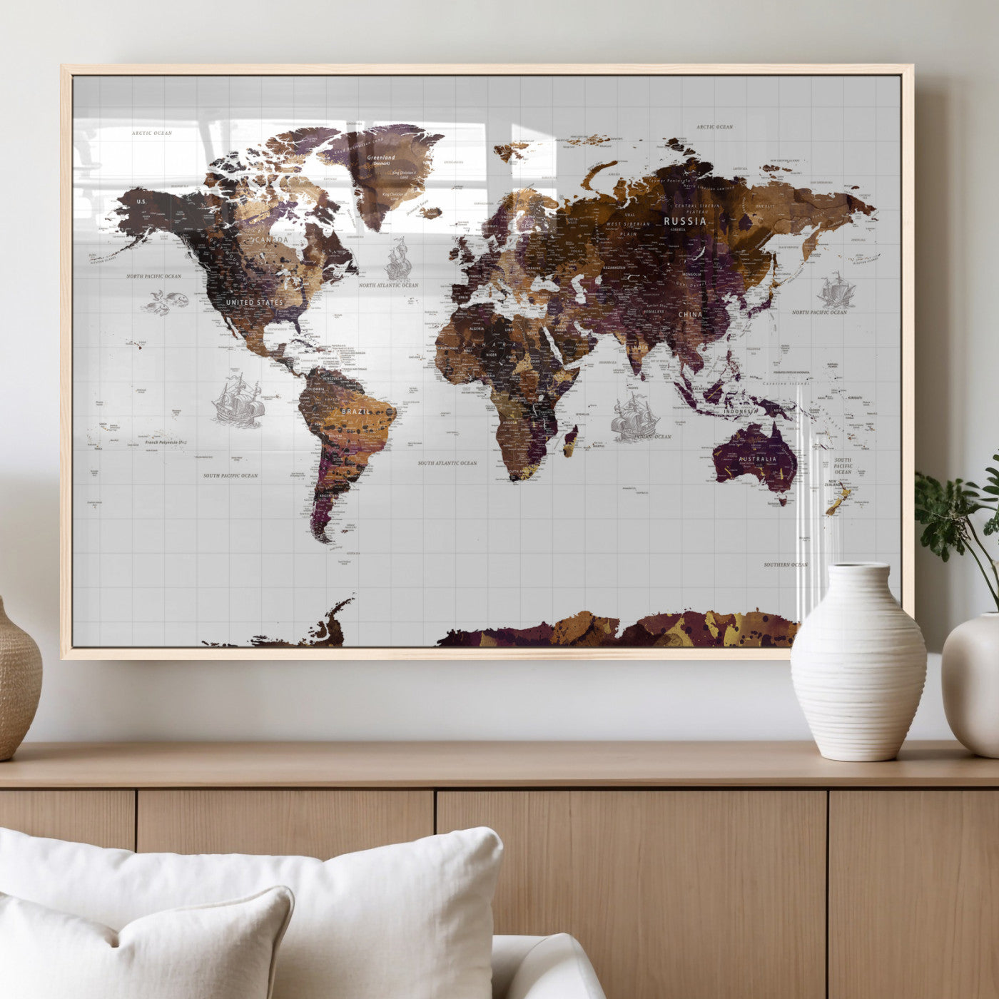 34792695-MGV-CV-36X24 - World Map Wall Art Canvas Print, Modern Decorative Framed Map Artwork Prints for Living Room, Office, Bedroom Wall Decor