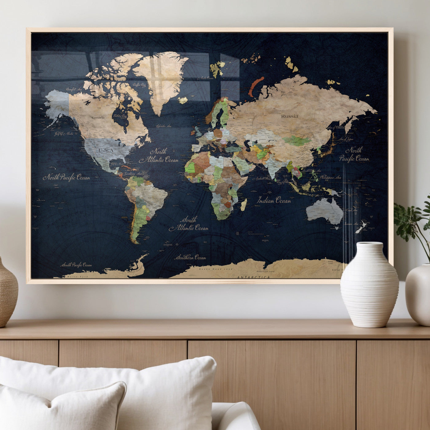 76603563-MGV-CV-36X24 - World Map Wall Art Canvas Print, Modern Decorative Framed Map Artwork Prints for Living Room, Office, Bedroom Wall Decor