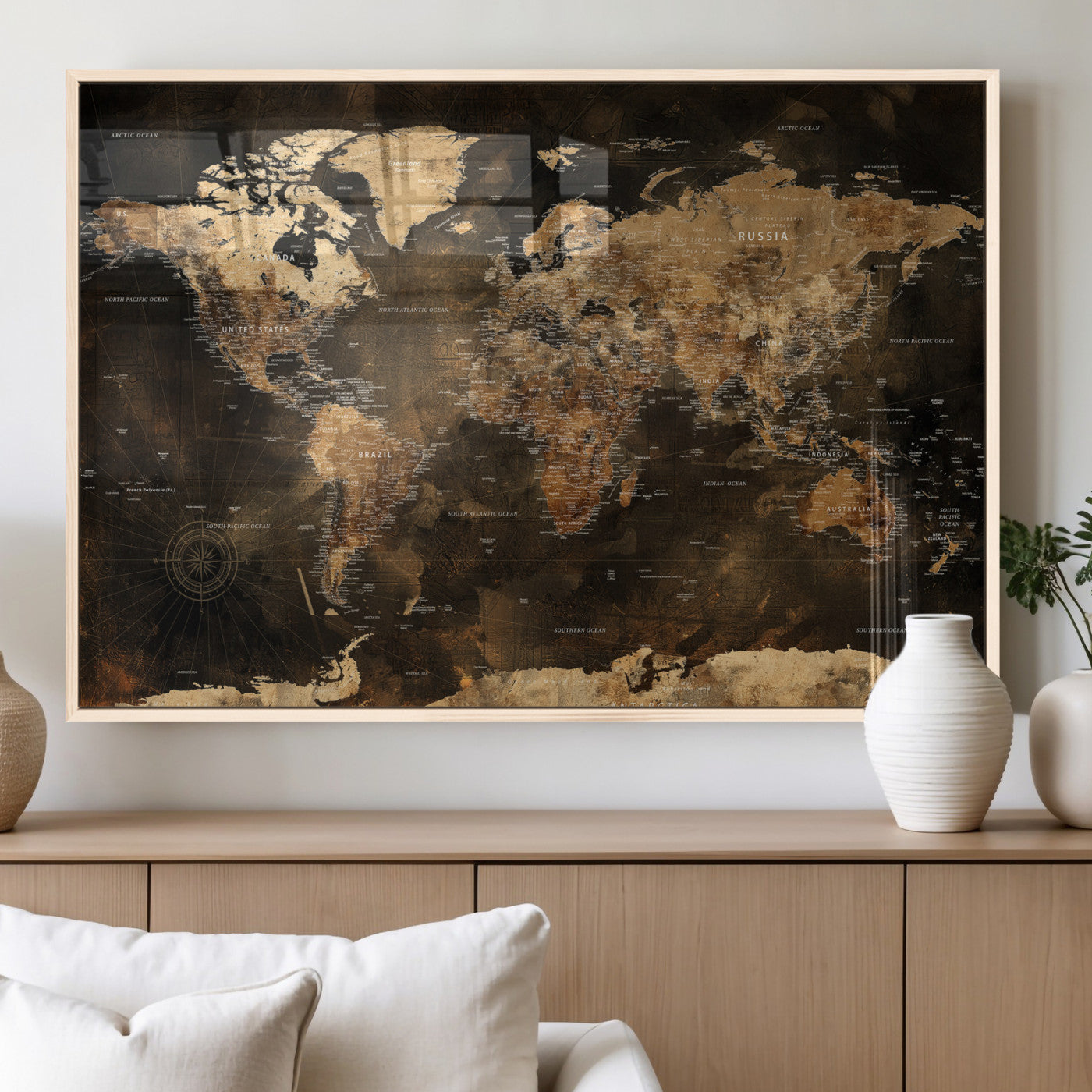 97742922-MGV-CV-36X24 - World Map Wall Art Canvas Print, Modern Decorative Framed Map Artwork Prints for Living Room, Office, Bedroom Wall Decor
