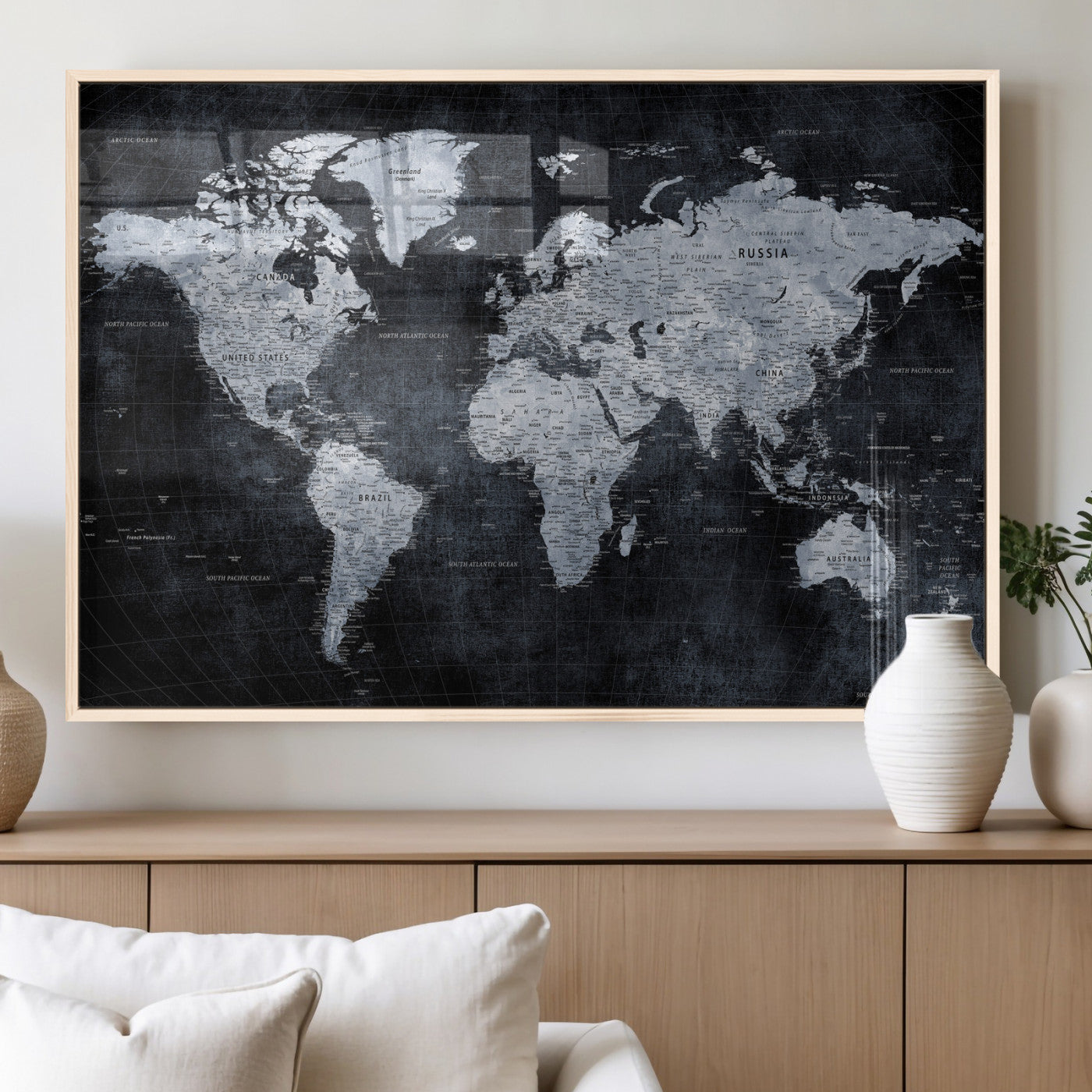 86893704-MGV-CV-36X24 - World Map Wall Art Canvas Print, Modern Decorative Framed Map Artwork Prints for Living Room, Office, Bedroom Wall Decor