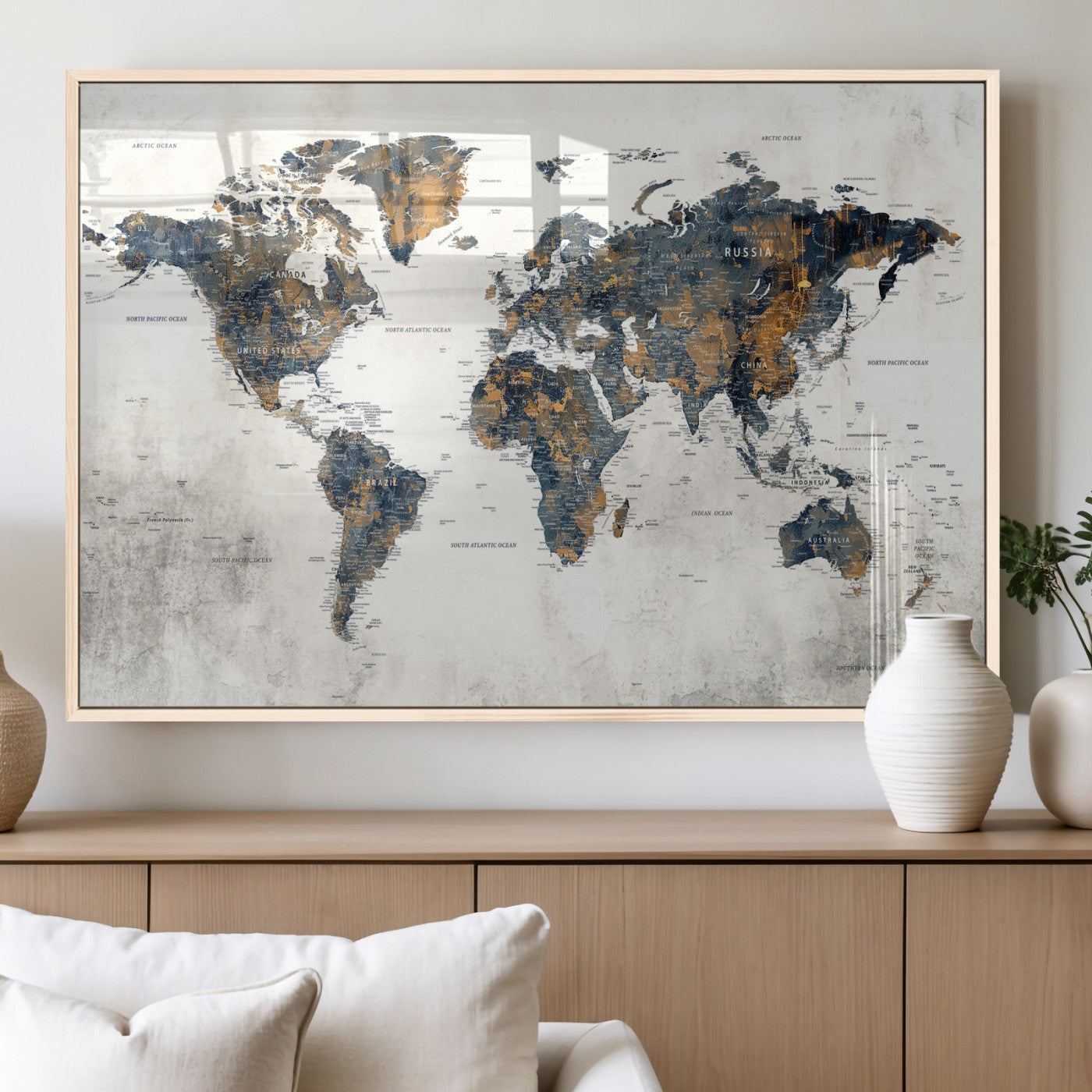 52451147-MGV-CV-36X24 - World Map Wall Art Canvas Print, Modern Decorative Framed Map Artwork Prints for Living Room, Office, Bedroom Wall Decor