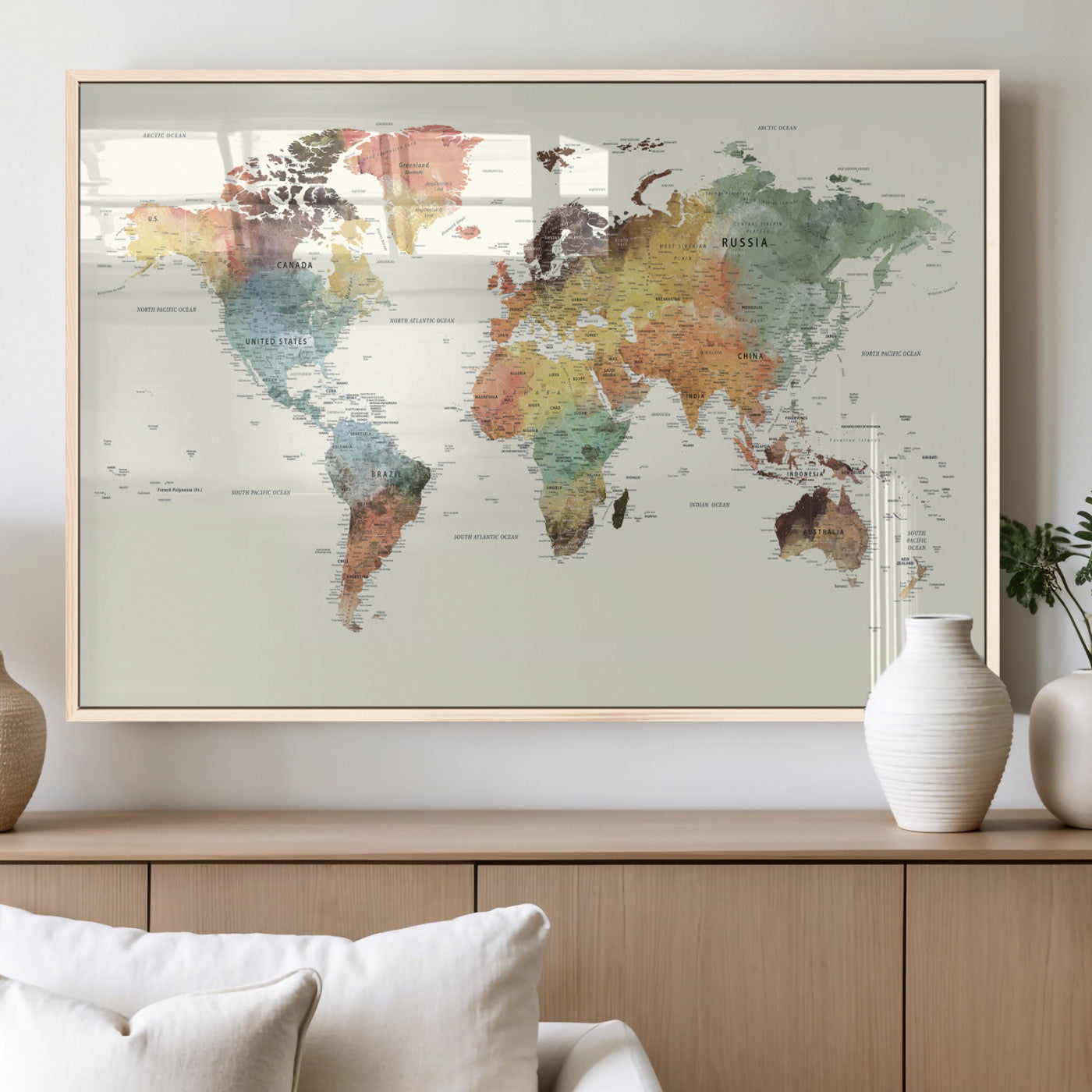64206059-MGV-CV-36X24 - World Map Wall Art Canvas Print, Modern Decorative Framed Map Artwork Prints for Living Room, Office, Bedroom Wall Decor